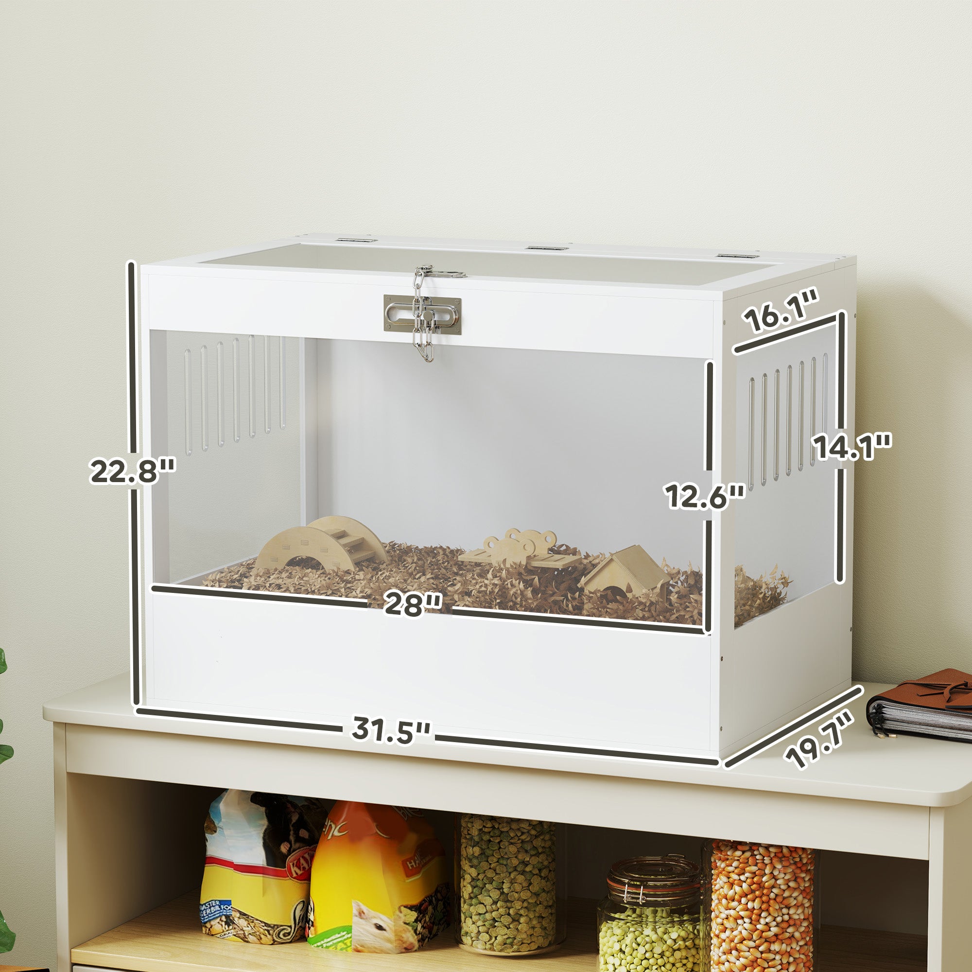 Hamster Cage with Openable Top & Lock, Hut, Transparent Acrylic Panels, Accessories, for Dwarf Hamster Gerbil, White