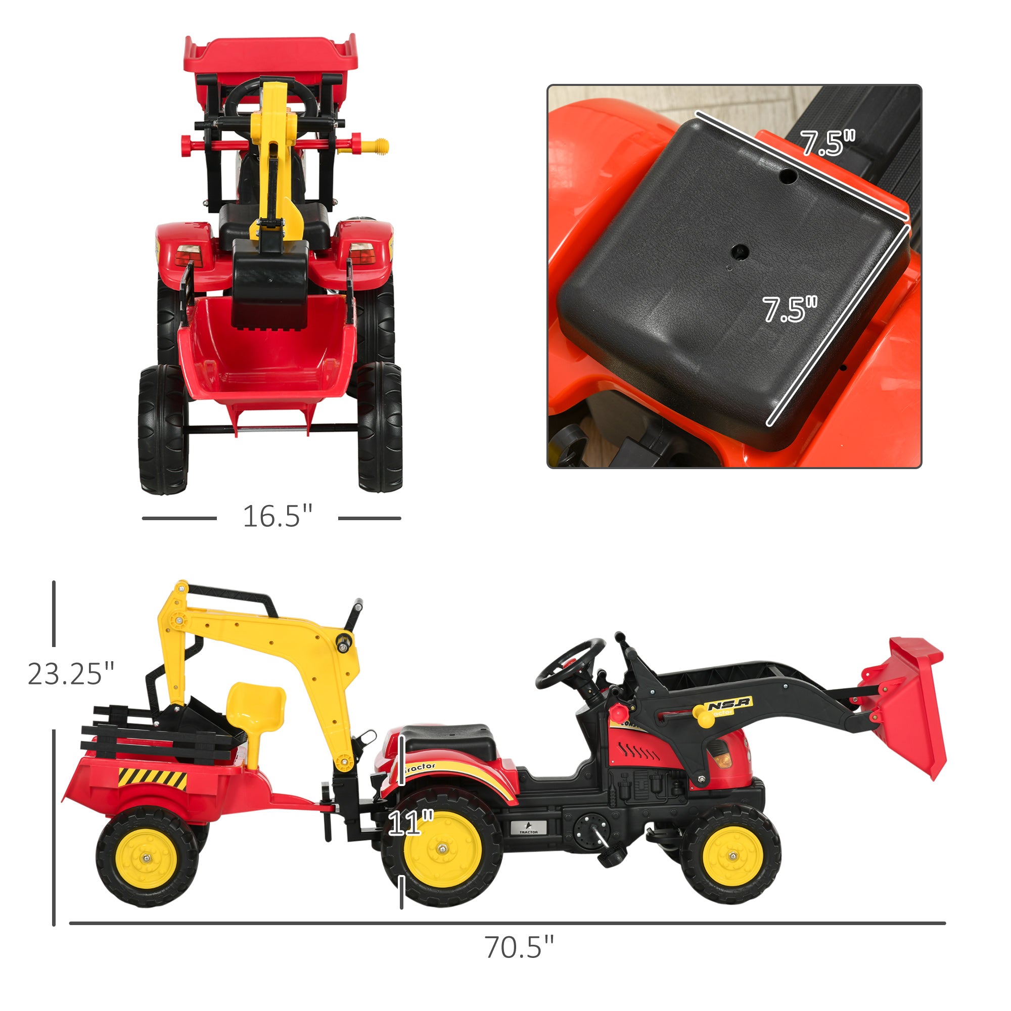 3 in1 Kids Ride On Bulldozer Excavator Toy with 6 Wheels Controllable Cargo Trailer Easy Pedal Controls for 3-6 Years
