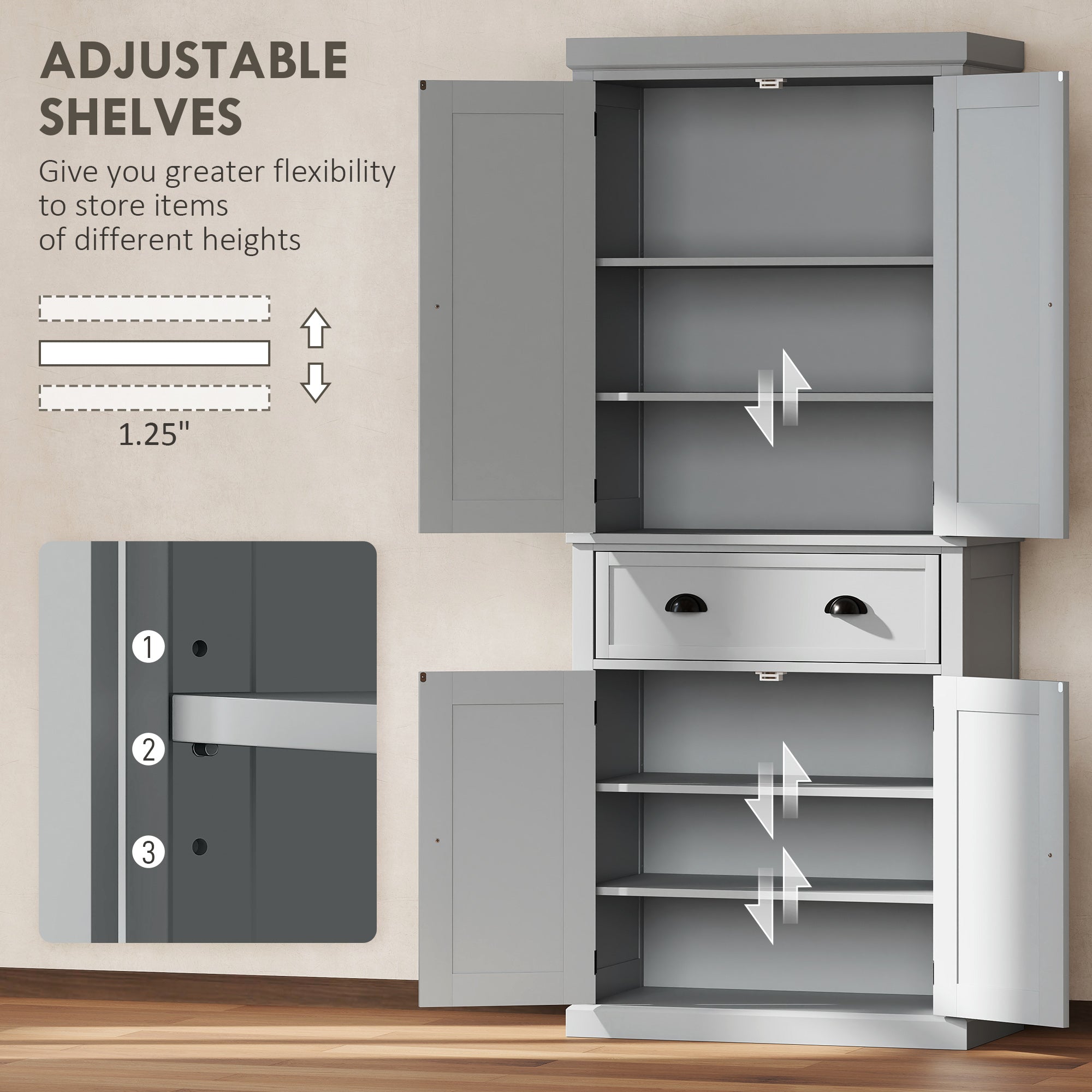 72.5" Kitchen Cabinet, Pantry Storage Cabinet with Doors and Shelves, Freestanding Food Pantry Cabinet, Gray
