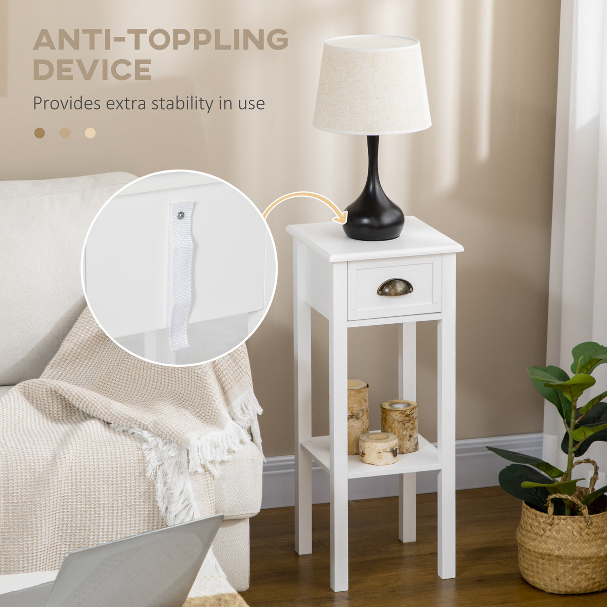 2-Tier Nightstand, Side Table with Drawer and Shelf for Living Room or Bedroom, Set of 2, White