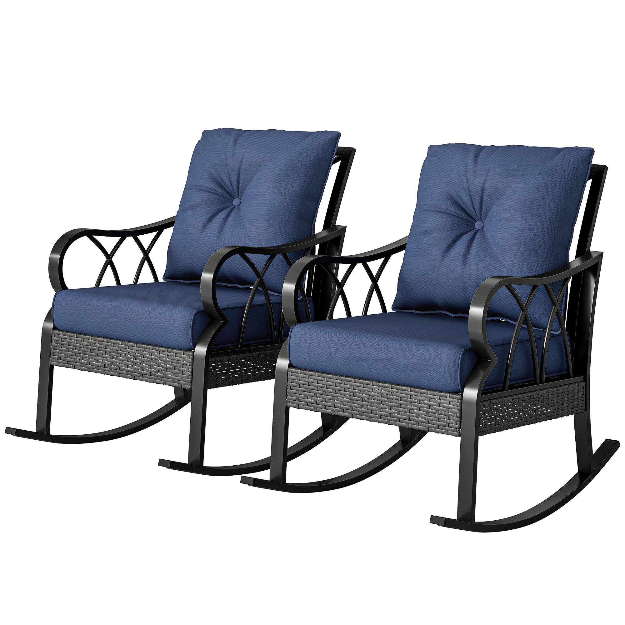 2 Piece Outdoor Wicker Rocking Chairs Rattan Porch Rockers with Cushions, Aluminum Frame for Garden, Patio, Blue