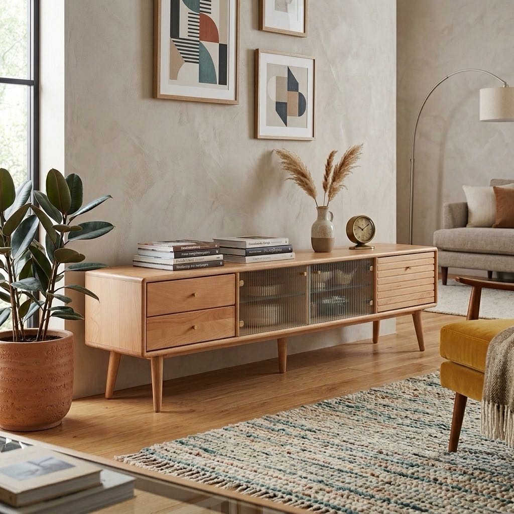 Modern TV Cabinet with High-Quality Glass Doors, Sturdy TV Stand with 2 Pull-Out Drawers, 71″ L x 12.5″ W x 16.5″ H, Natural Wood