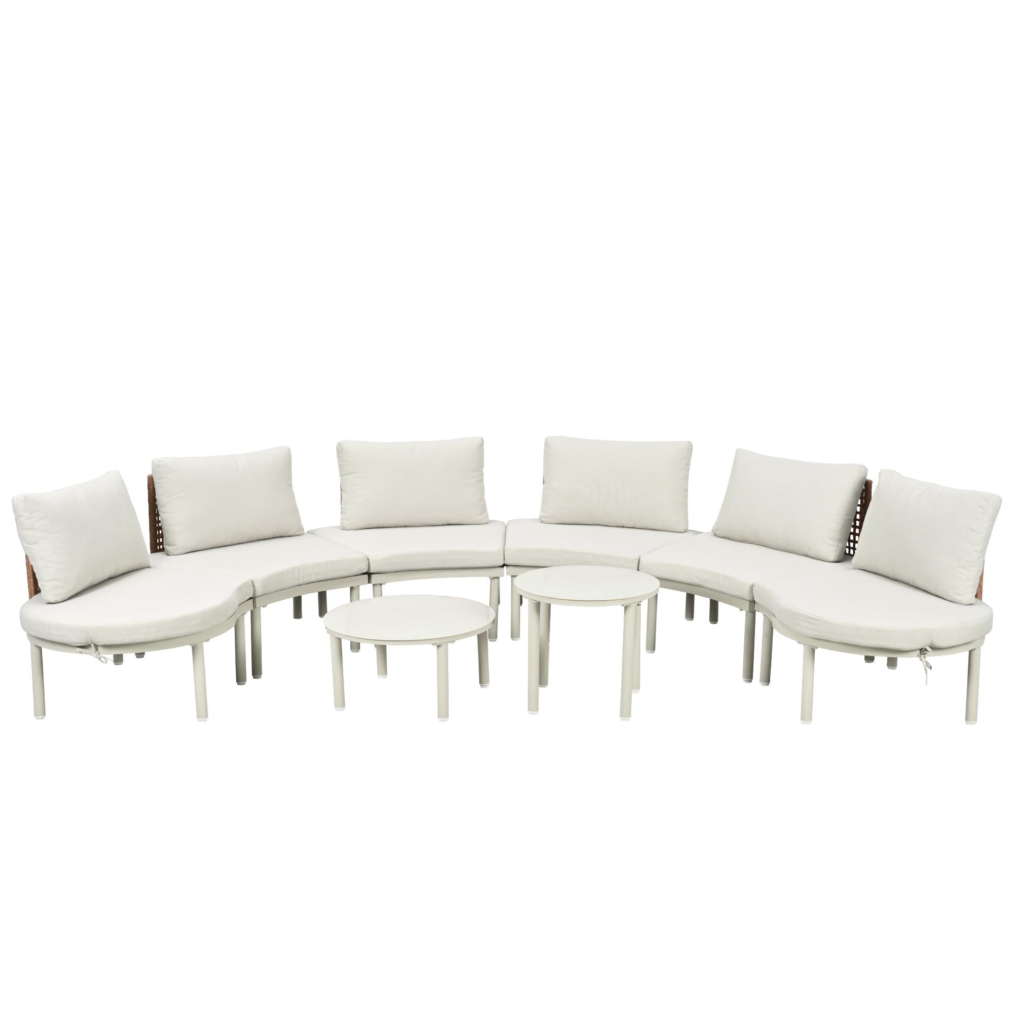 8-Piece Half Moon Patio Sectional with 2 Coffee Table & Cushion, PE Wicker Rattan Sofa Set for Poolside, 34.5'' L x 25.5'' W x 12.5'' H, Beige