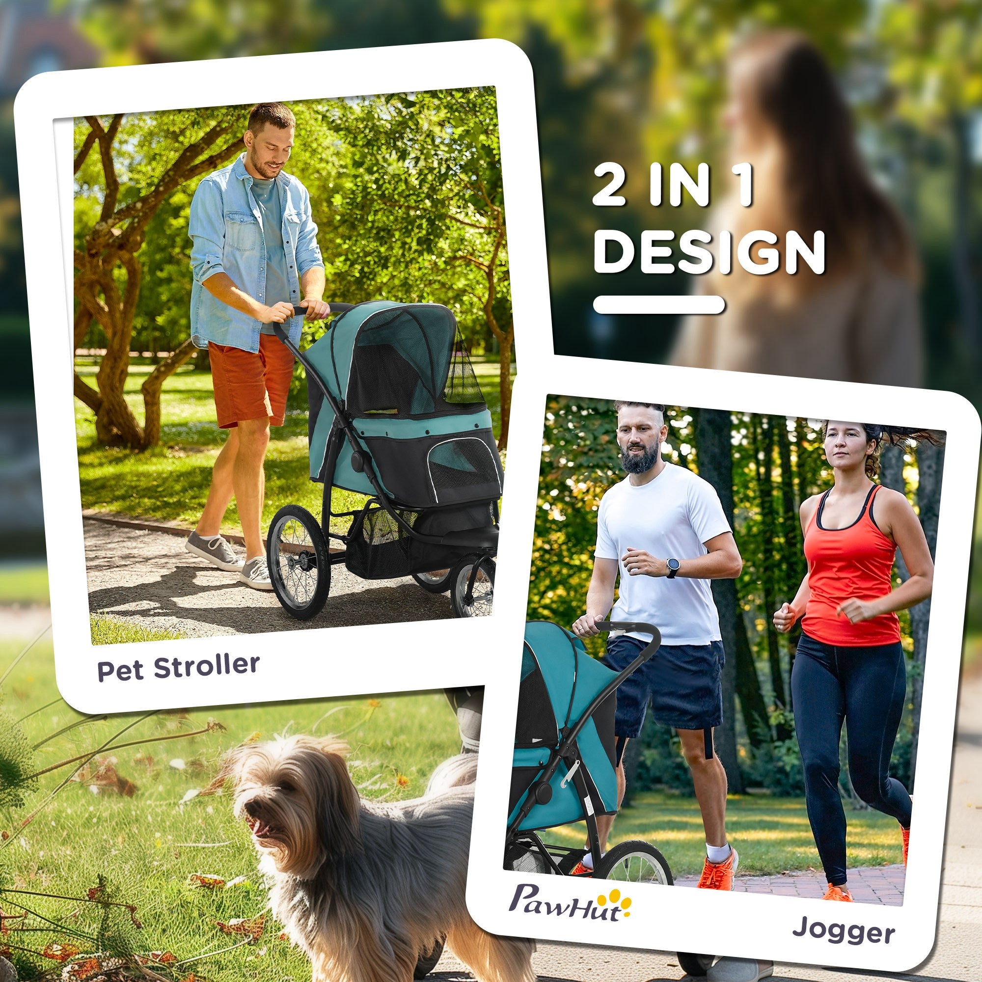 3 Wheels Pet Stroller for Small Dogs and Medium Dogs with Adjustable Canopy, Safety Tether, Storage Basket, Dark Green