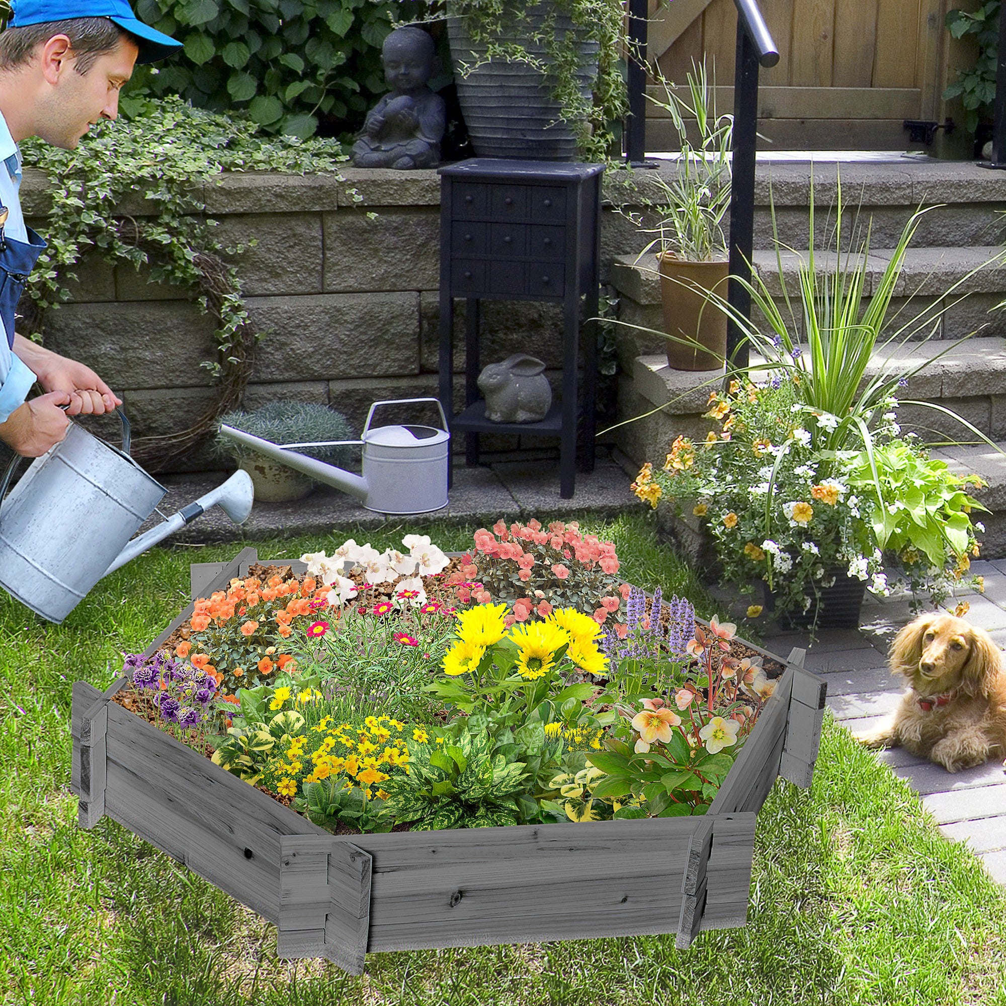 39" x 36" Screwless Raised Garden Bed, Hexagon Planter Box for Outdoor Plants, Vegetables, Flowers, Herbs, Gray