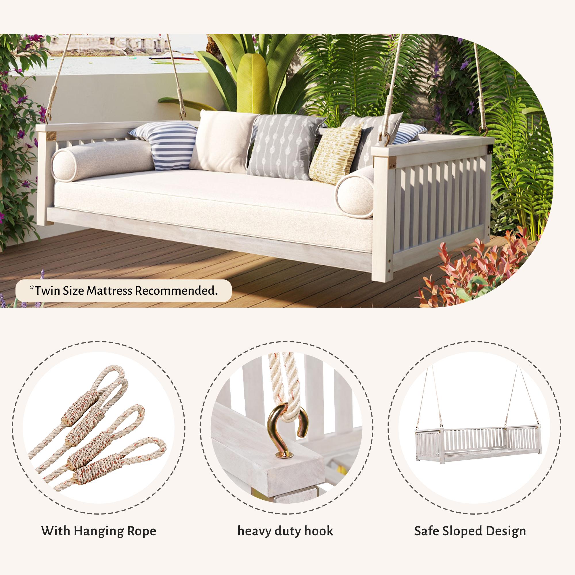 Minimalist Swing Bed with Safe Sloped Design for Backyard, Wooden Porch Swing with High Weight Capacity, 79" L x 41.5" W x 21" H, White