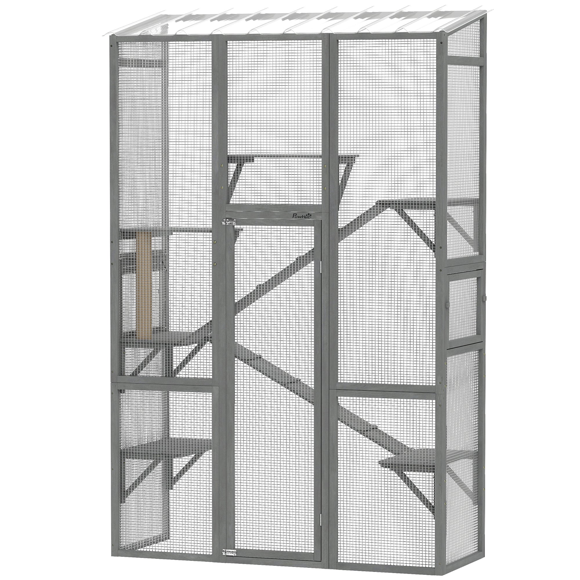 Outdoor Catio Cat Enclosure, Large Wooden Cat House with 6 Jumping Platforms, Scratching Post, 2 Ramps, for 2-3 Kittens