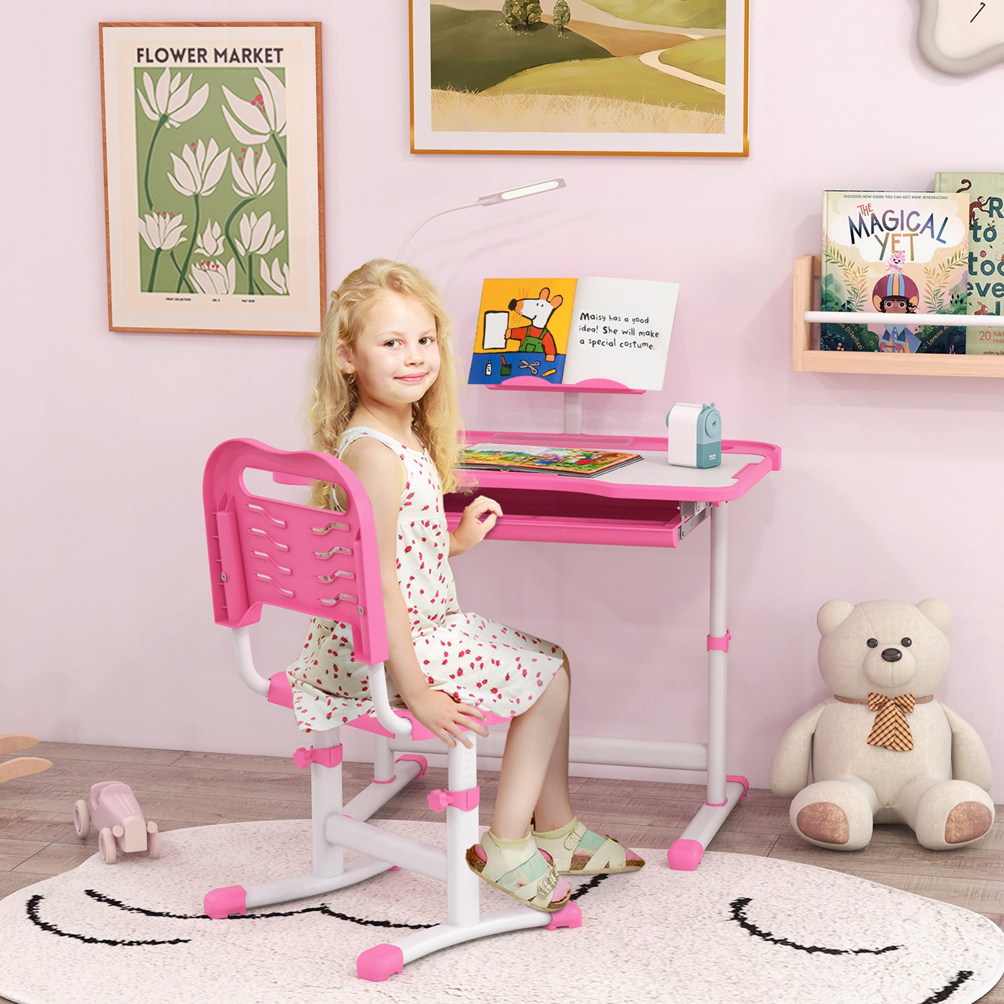 Kids Desk and Chair Set with USB Light, Storage Drawer, Pink