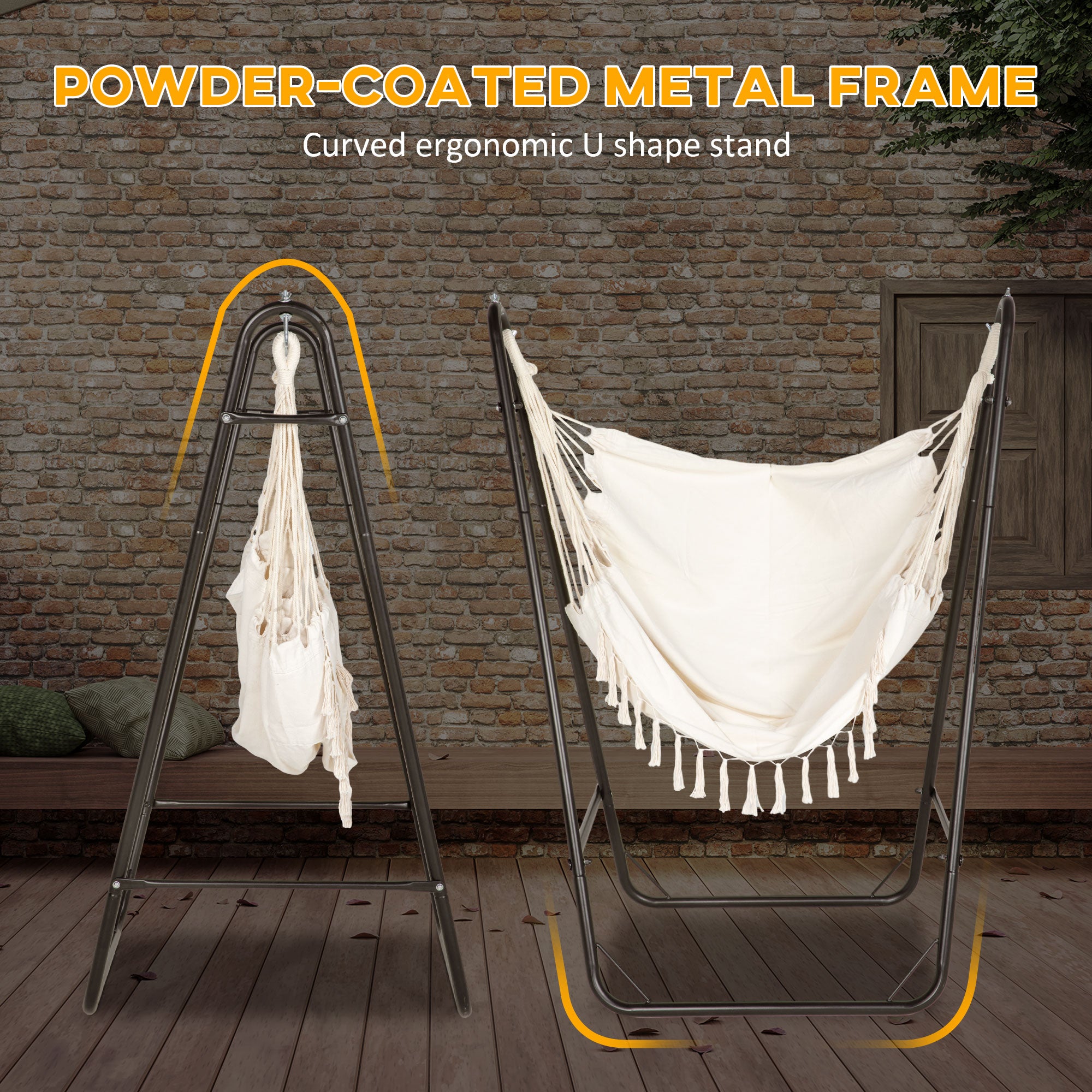 Hammock Chair with U Shape Stand, Hammock Swing Chair with A Side Pocket, Brown & Cream White