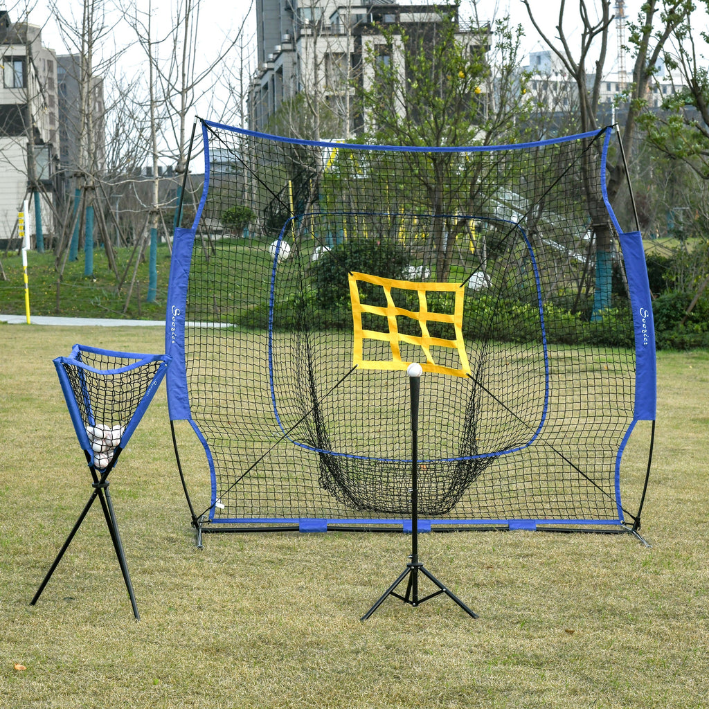 Baseball Practice Net Set with 7.5x7ft Catcher Net, Ball Caddy and Batting Tee, Portable Pitching Net with Carry Bag for Hitting, Pitching, Batting, Catching, Blue