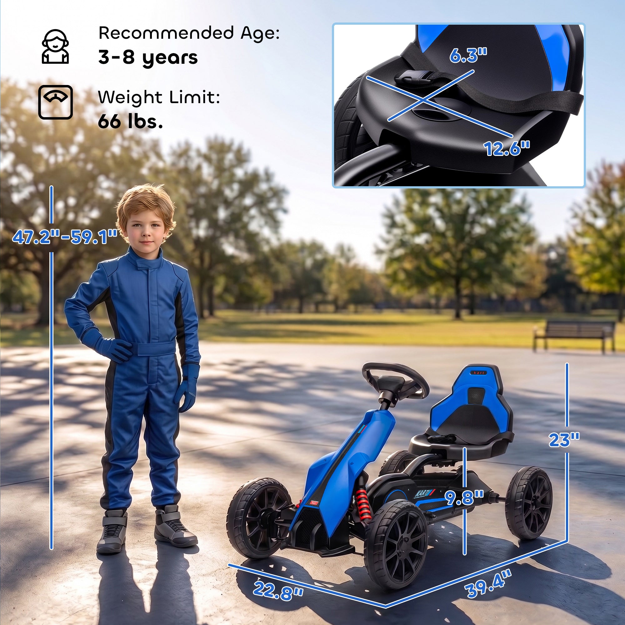 12V Electric Go Kart for Kids, Ride On Toy with EVA Tires, 2 Speeds, Adjustable Seat, Safety Belt for 3-8 Years, Blue
