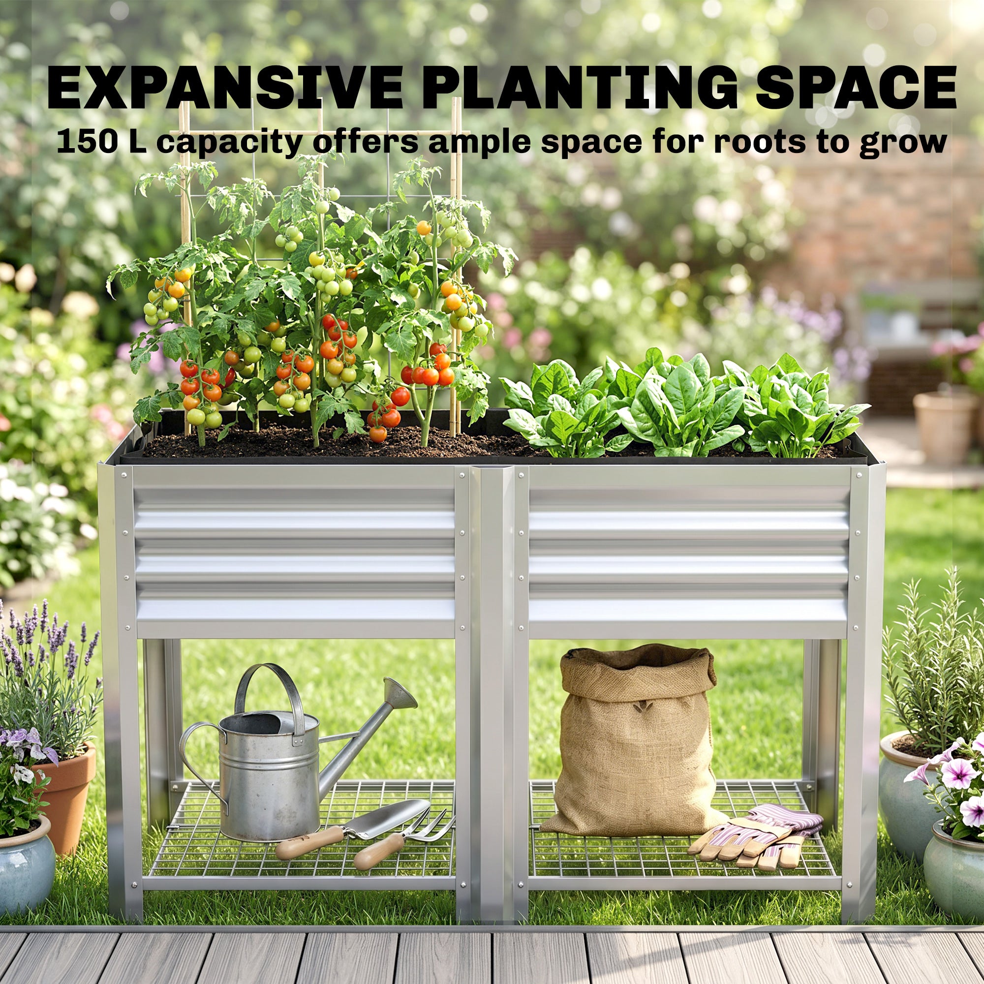 Raised Garden Bed Galvanized Steel, Elevated Planter Box with Storage Shelf, Bed Liner, 31.5" High, Silver