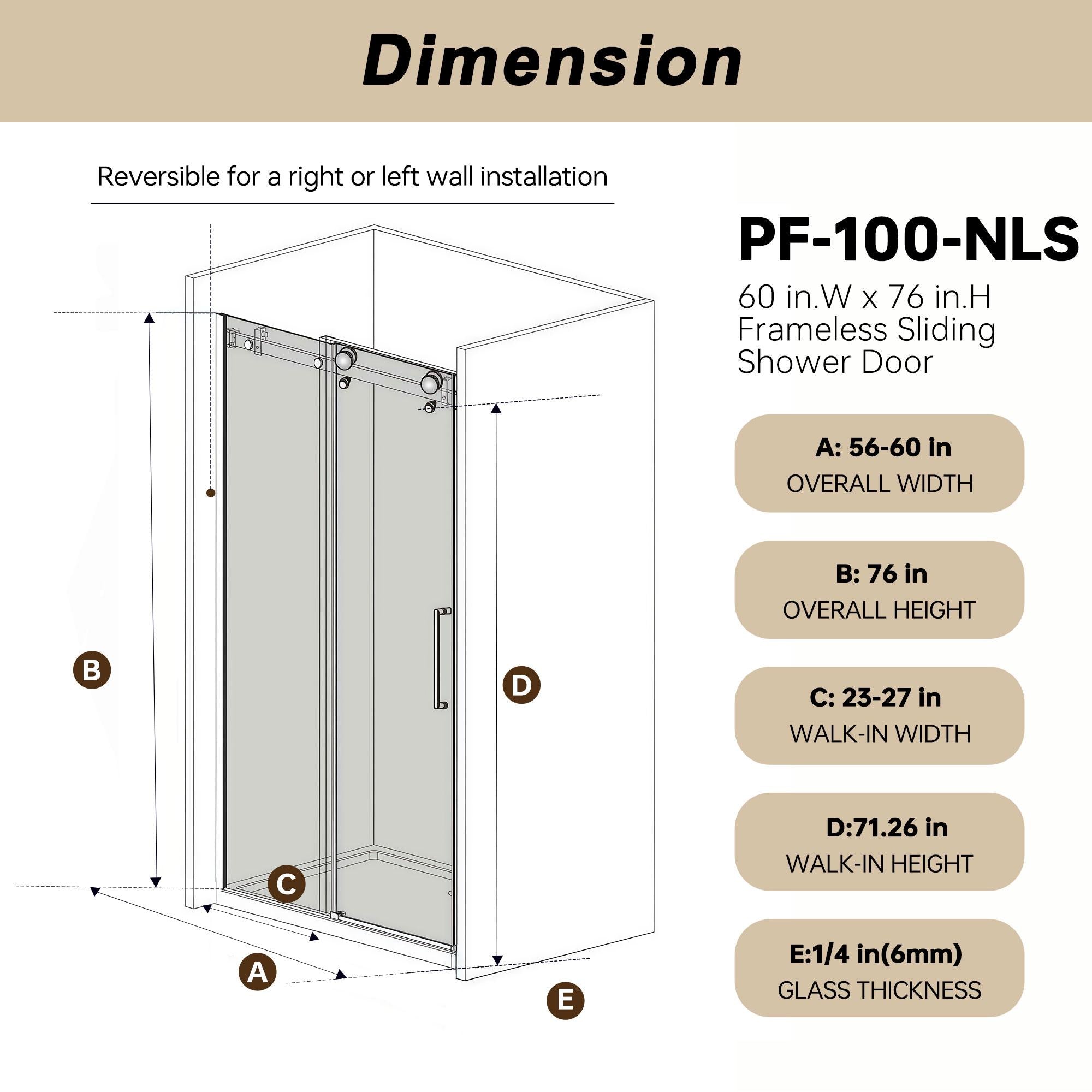 Frameless Shower Door with Anti-Shatter Safety Film and Bottom Water-Blocking Strip, Panel for Bathroom, 60" L x 0.5" W x 76" H, Brushed Nickel