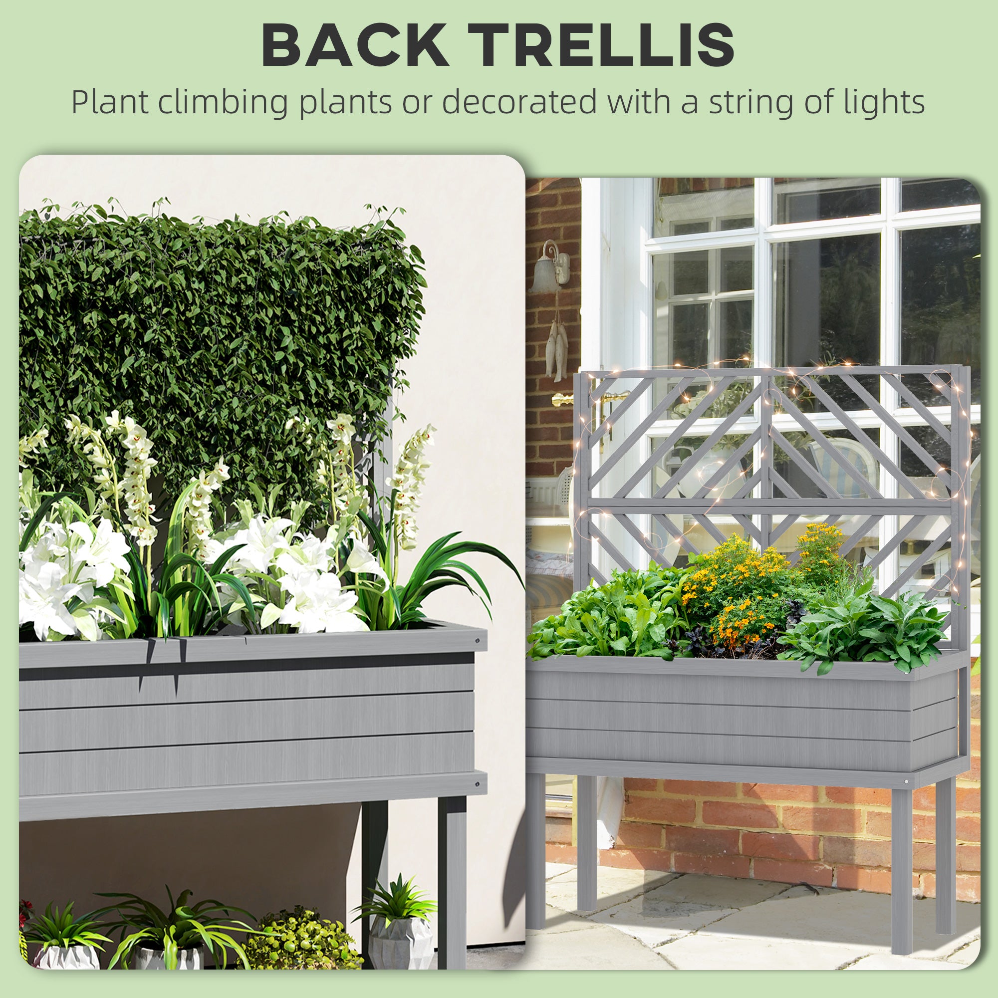 Elevated Wood Planter with Trellis for Climbing Plants, Raised Garden Bed with Legs and Drainage Holes, Gray