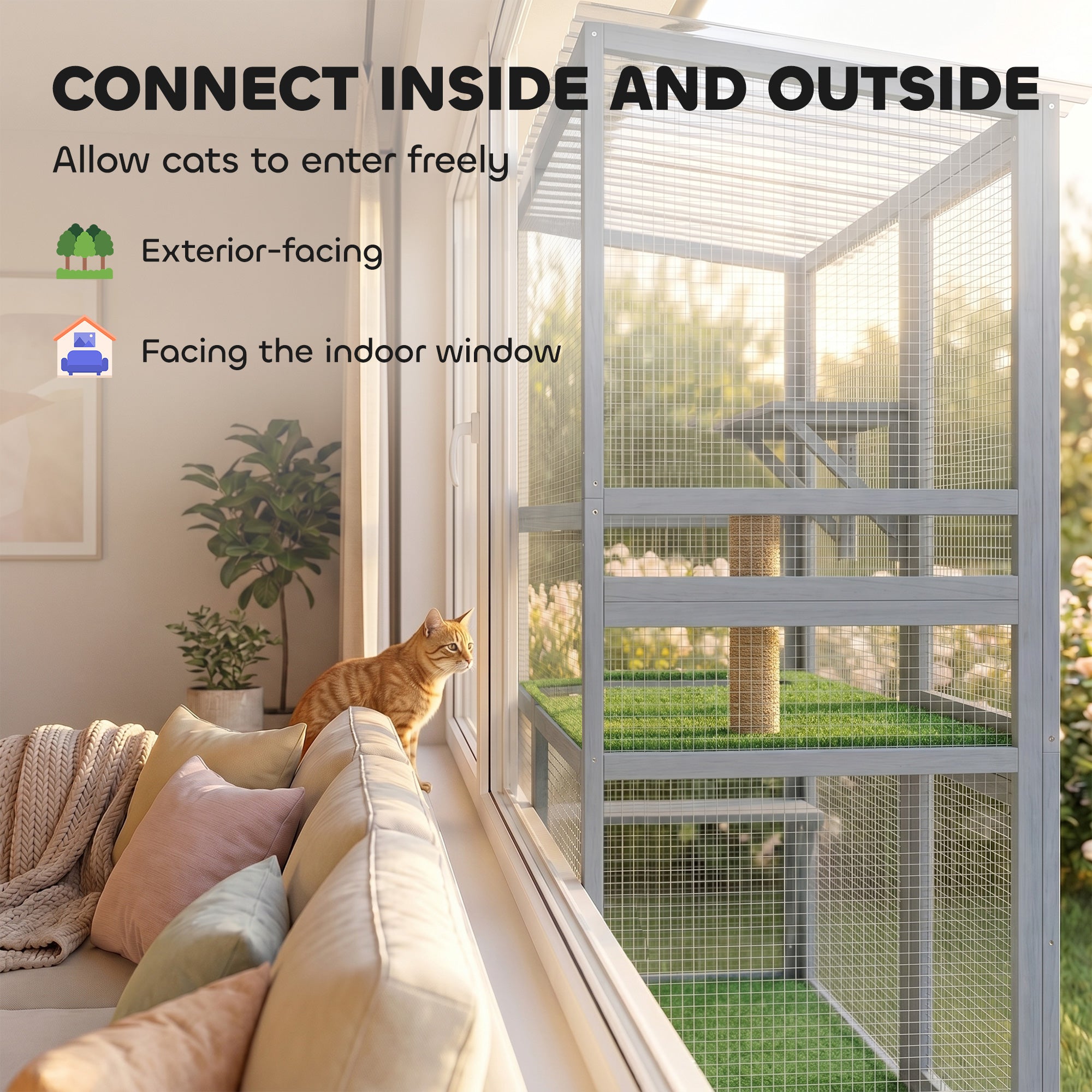 Catio Outdoor Cat Enclosure, 77" H Wooden Cat House with Weatherproof Roof, Platforms and Scratching Post