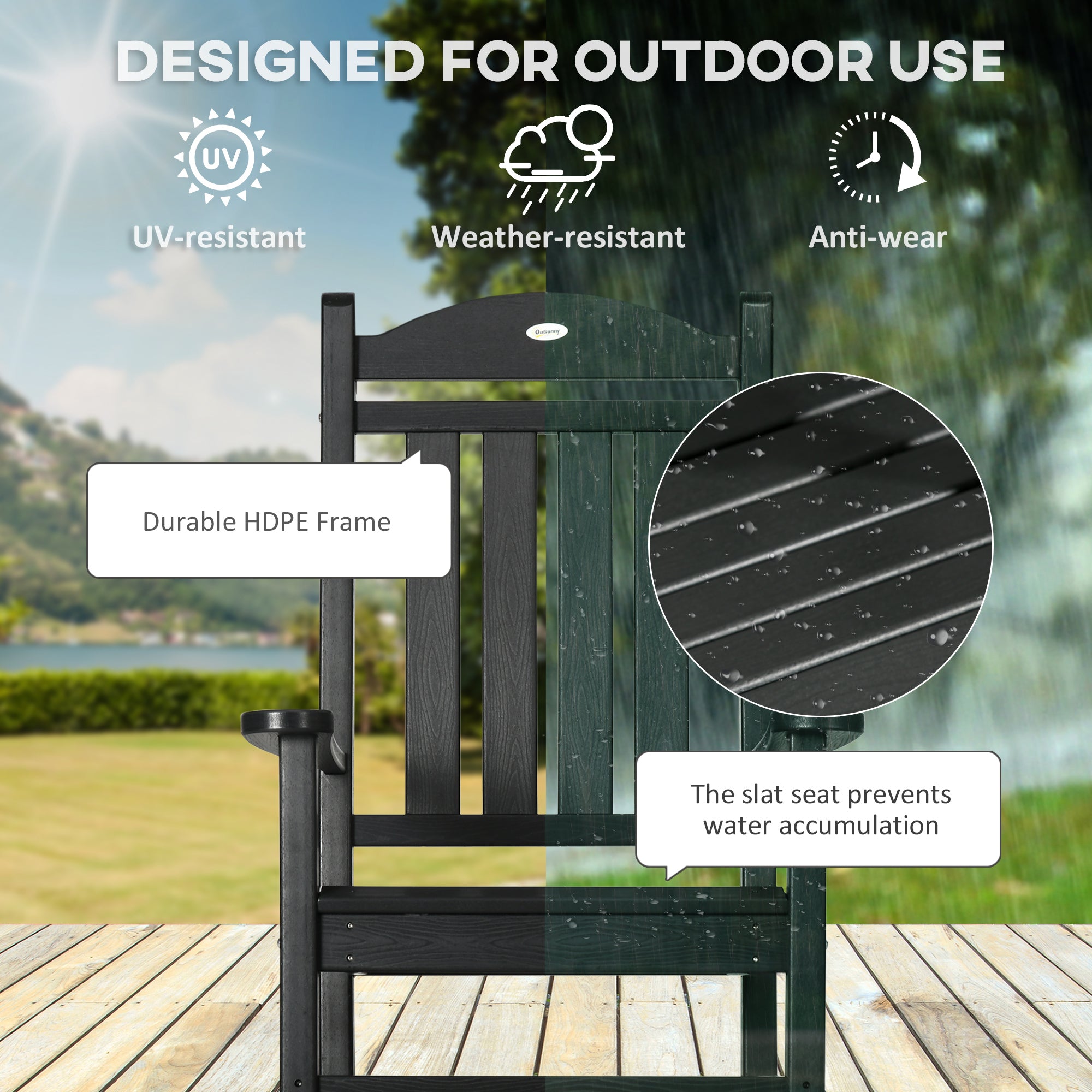 2PCs Outdoor Rocking Chair with Armrests, Fade-Resistant Waterproof HDPE for Indoor & Outdoor, Black