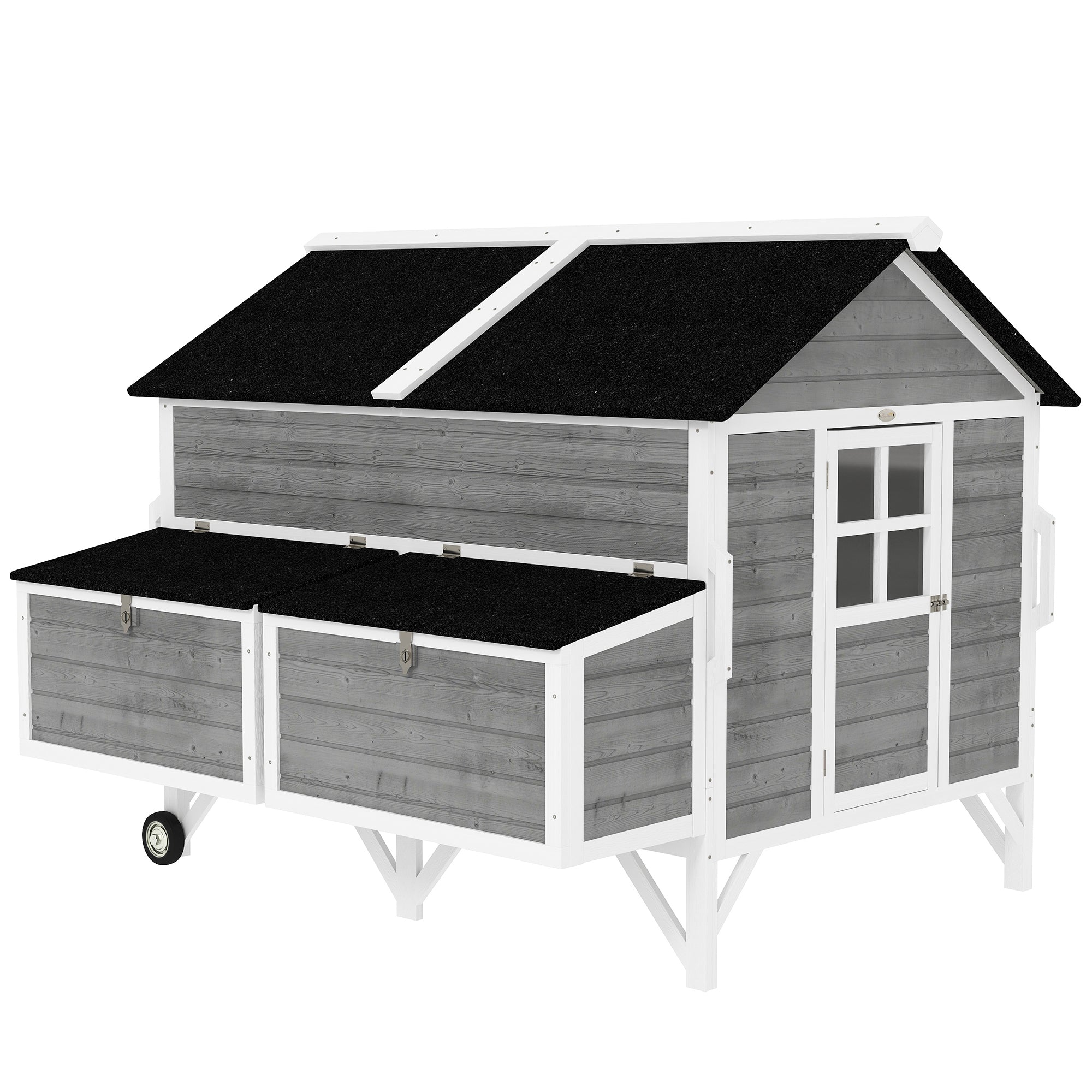59" Wooden Chicken Coop w/ Wheels, Handles, 2 Nesting Boxes, 2 Trays, 4 Perches, Chicken Tractor for 4-6 Chickens, Gray