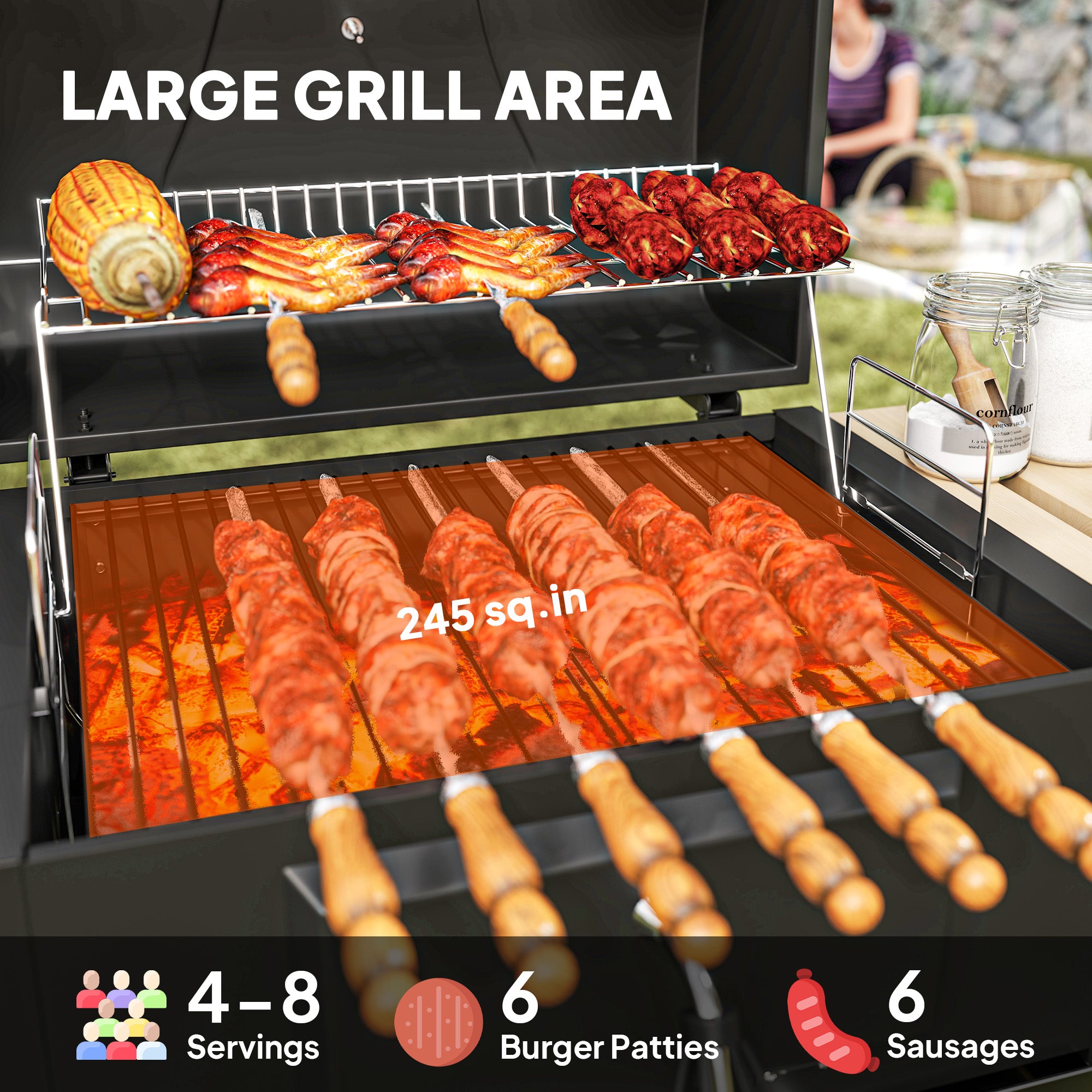 Charcoal BBQ Grill with 245 sq. in. Cooking Area, Adjustable Charcoal Pan, 3 Shelves, Thermometer, Black