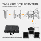 Aluminum Camping Kitchen, Portable Folding Camping Table with Fabric Cupboards, Windshield, Bag for BBQ, Picnic, Black