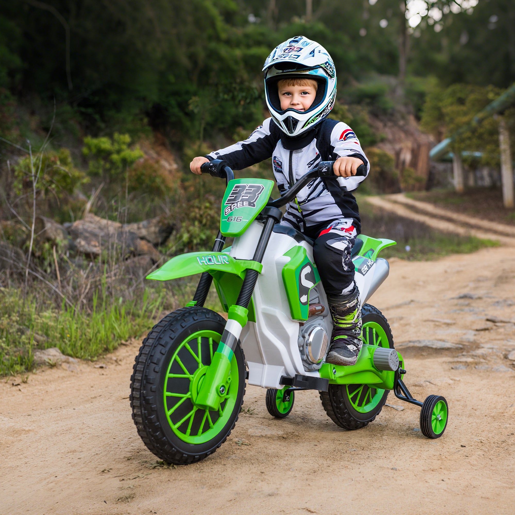12V Kids Motorcycle w/ Treaded Tires, 5mph Top Speed Electric Bike for Kids, Ride On Motorcycle w/ Training Wheels, Battery Charger, Spring Suspension, Green