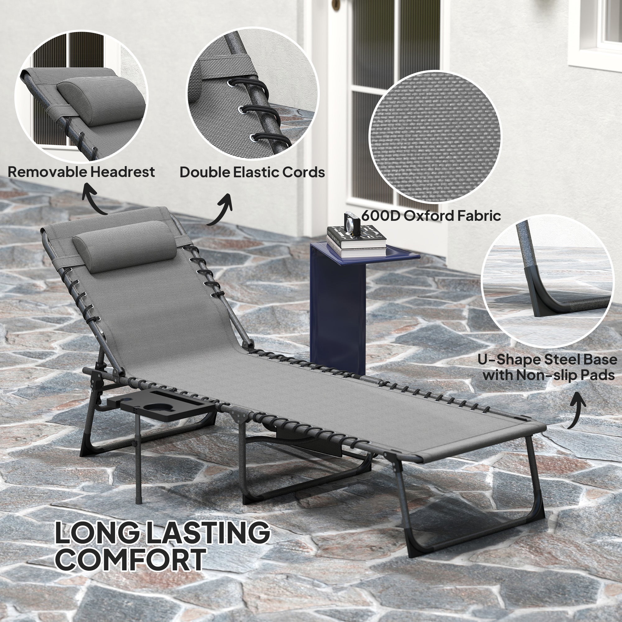 Folding Outdoor Chaise Lounge Chair Tanning Chair with 5-Level Adjustable Back, Side Table, Pillow, Pocket, Gray