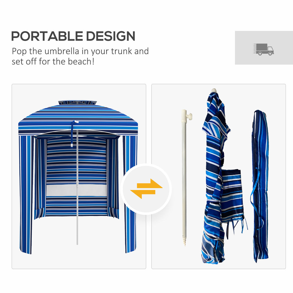 5.8' x 5.8' Cabana Umbrella for Travel, Walls, Vents, Ruffles, Carry Bag, Beach Umbrella, Blue Stripe