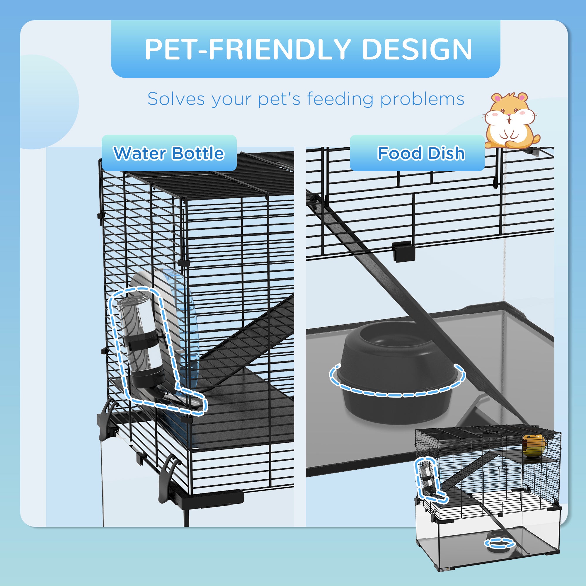 23.5" Hamster Cage, Gerbil Cage with Glass Basin for Small Hamsters, Black