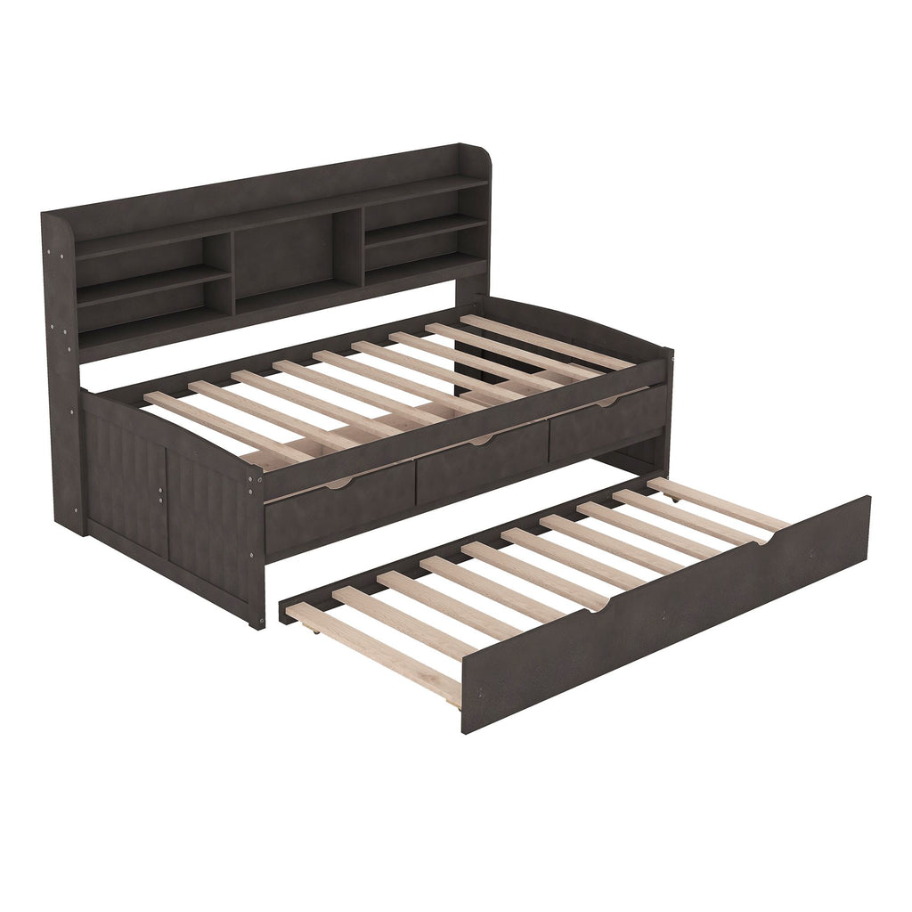 Classic Style Twin Size Wooden Captain Bed with Built-in Bookshelves, 3 Storage Drawers, and Trundle, 77.5" L x 88" W x 47" H, Antique Gray
