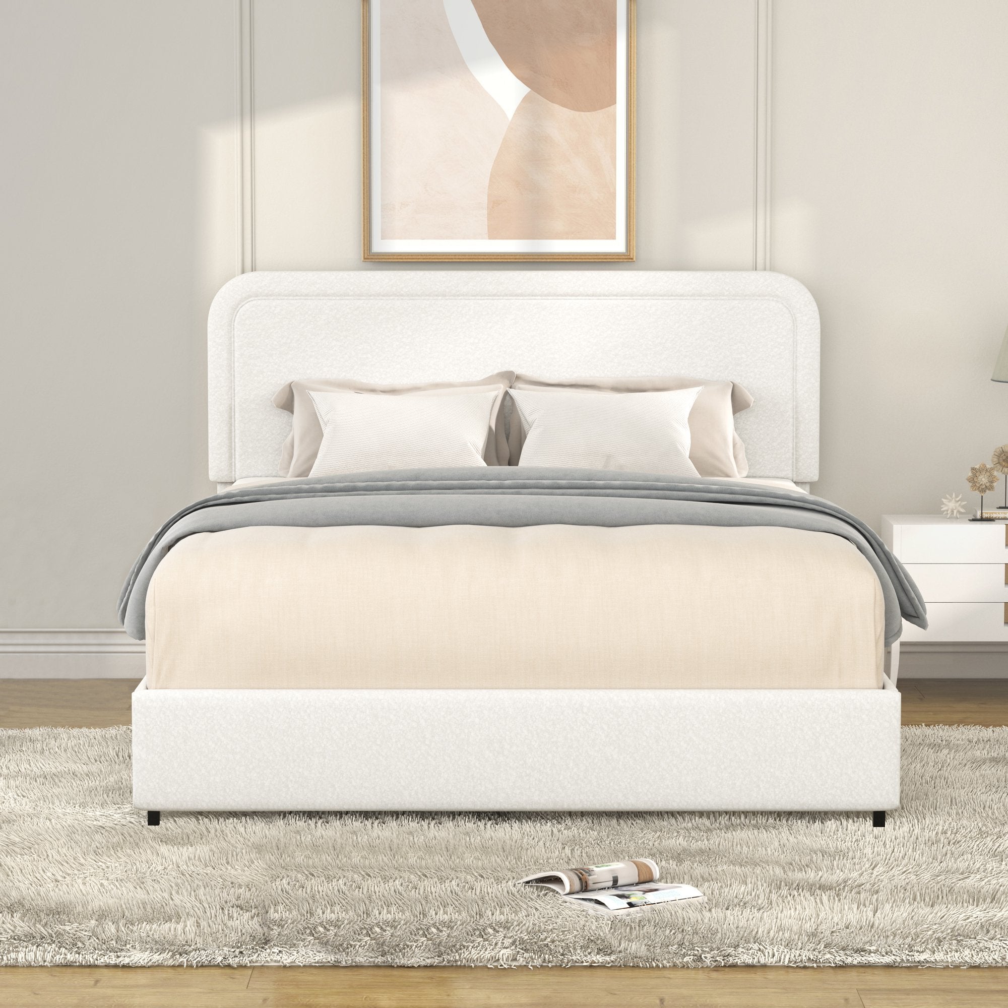 Liv Queen Size 2-Drawer Storage Bed Frame with Curved Tufted Headboard, Patented Boucle Upholstered Platform Bed, Wooden Slat Support, No Box Spring Needed, Ivory