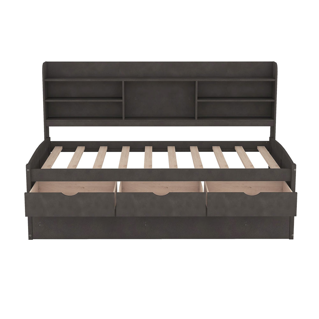 Classic Style Twin Size Wooden Captain Bed with Built-in Bookshelves, 3 Storage Drawers, and Trundle, 77.5" L x 88" W x 47" H, Antique Gray