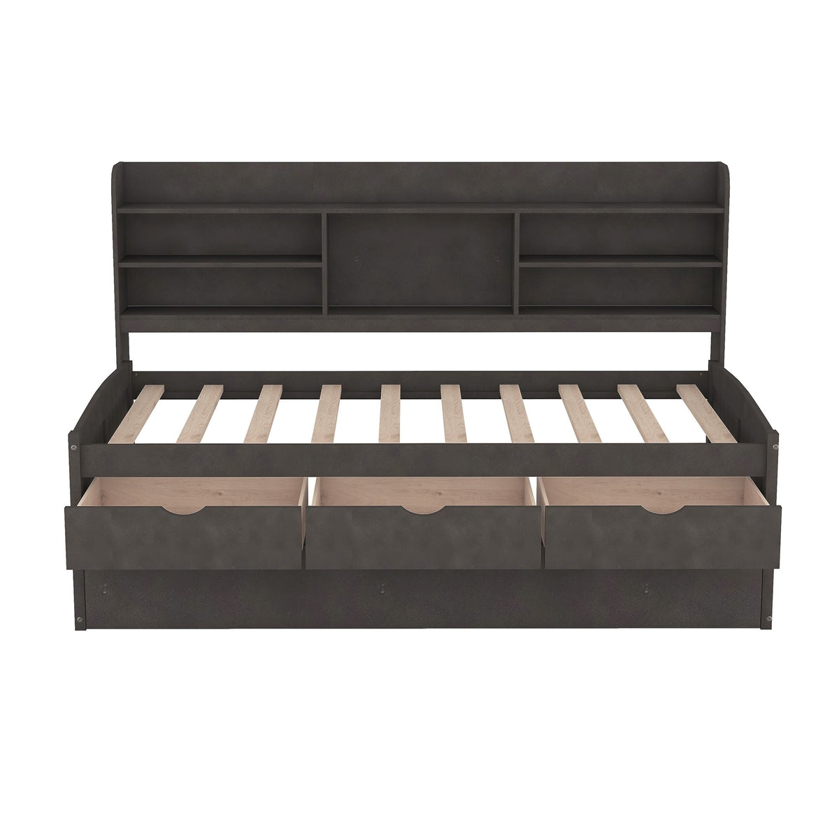 Classic Style Twin Size Wooden Captain Bed with Built-in Bookshelves, 3 Storage Drawers, and Trundle, 77.5" L x 88" W x 47" H, Antique Gray