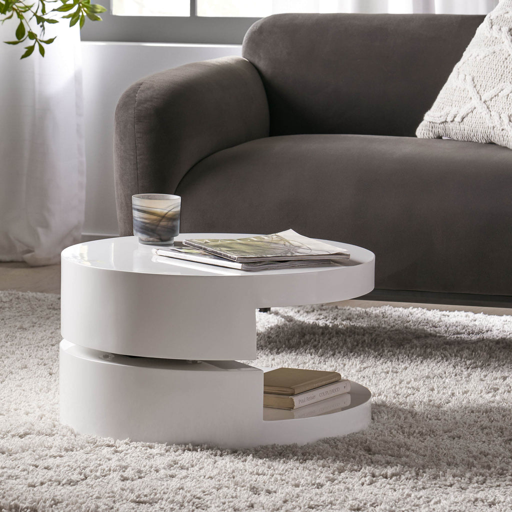 Modern Rotating Coffee Table with 2 Circular Swivel Levels, High Gloss Finish, 23.6" x 23.6" x 13", White