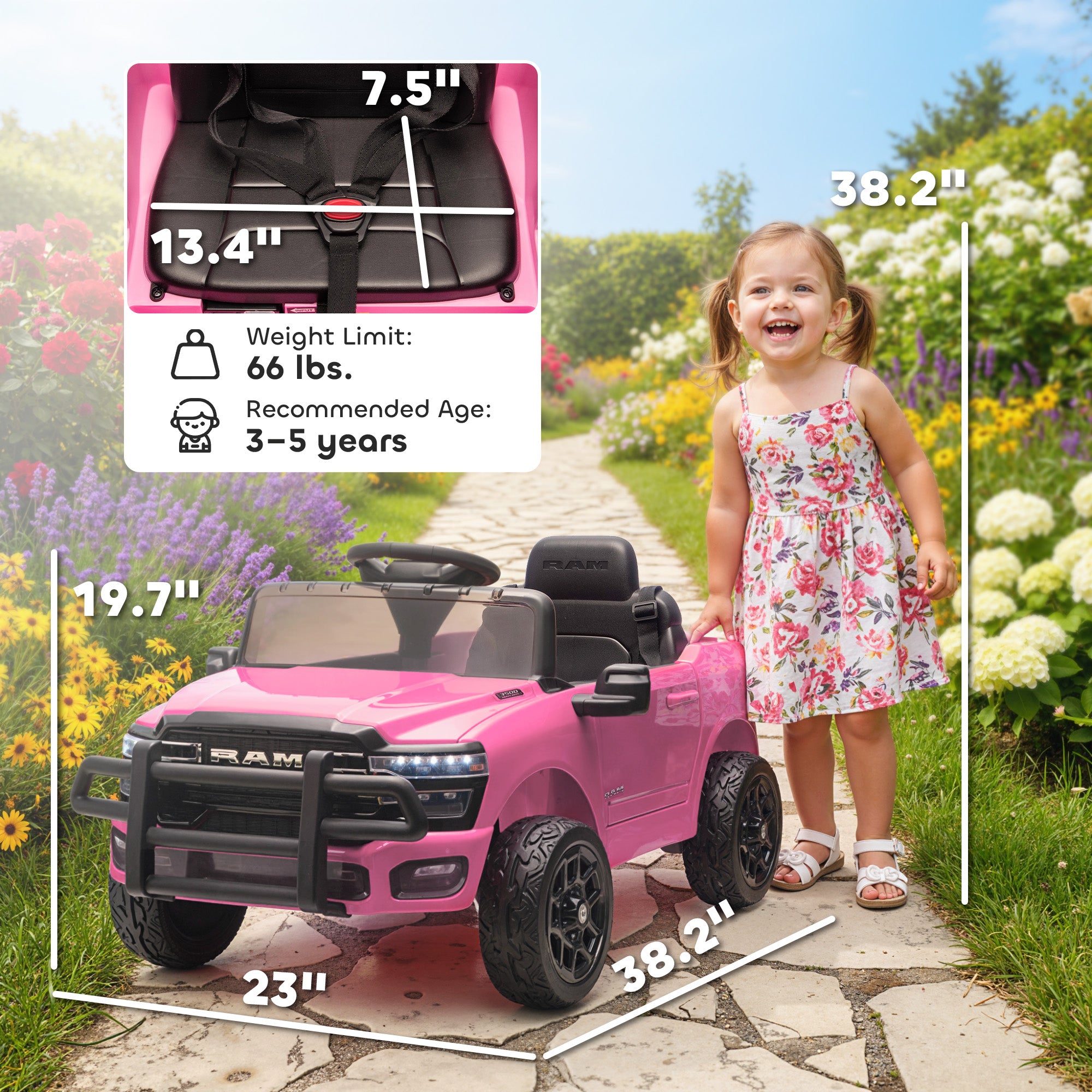 12V Kids Ride on Car, Licensed RAM 3500 Ride on Toys with Dual Motors, Remote Control for Toddlers, Pink