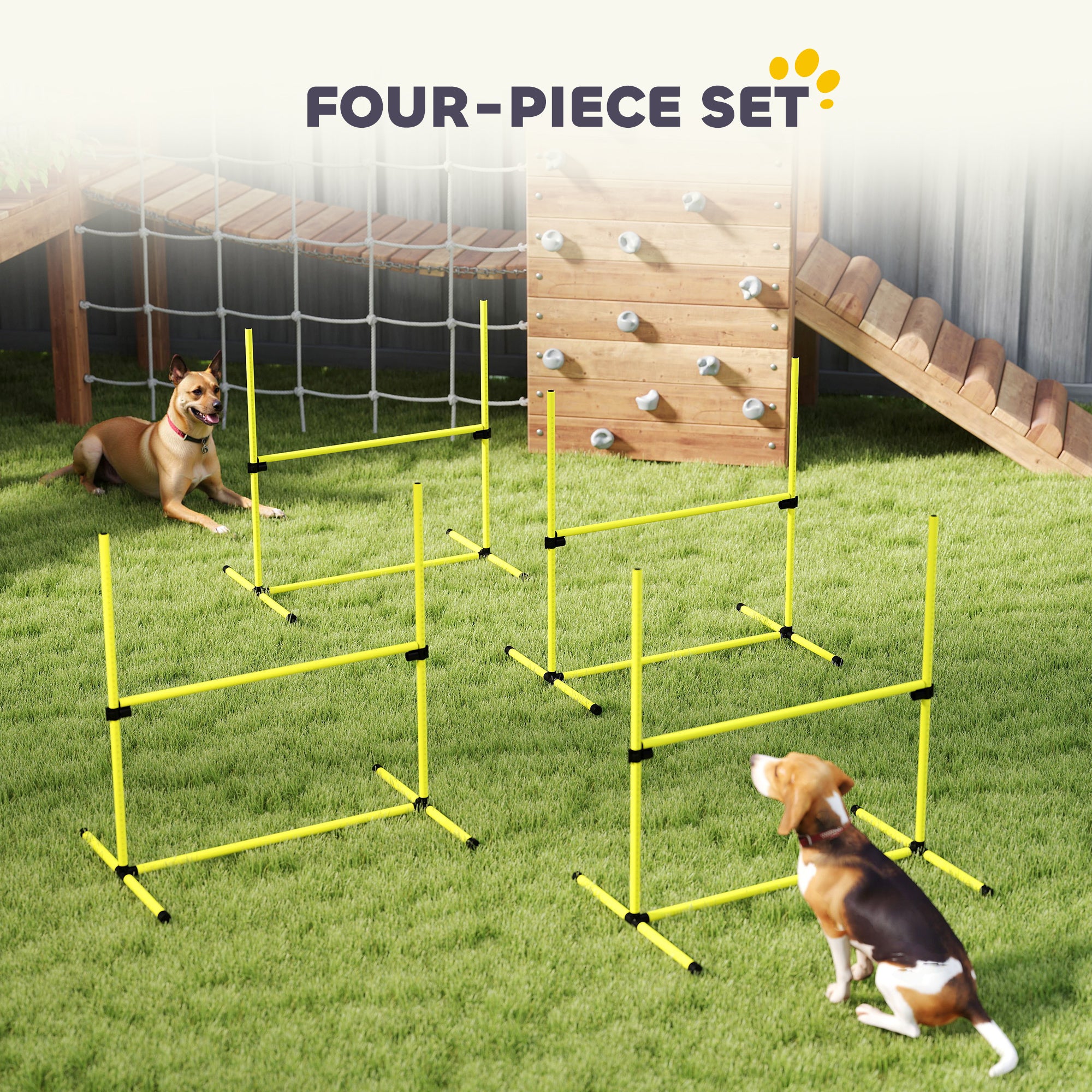 4 Piece Dog Agility Set with Adjustable Height Jump Bars, Carry Bag, Displacing Top Bar, Yellow Yellow