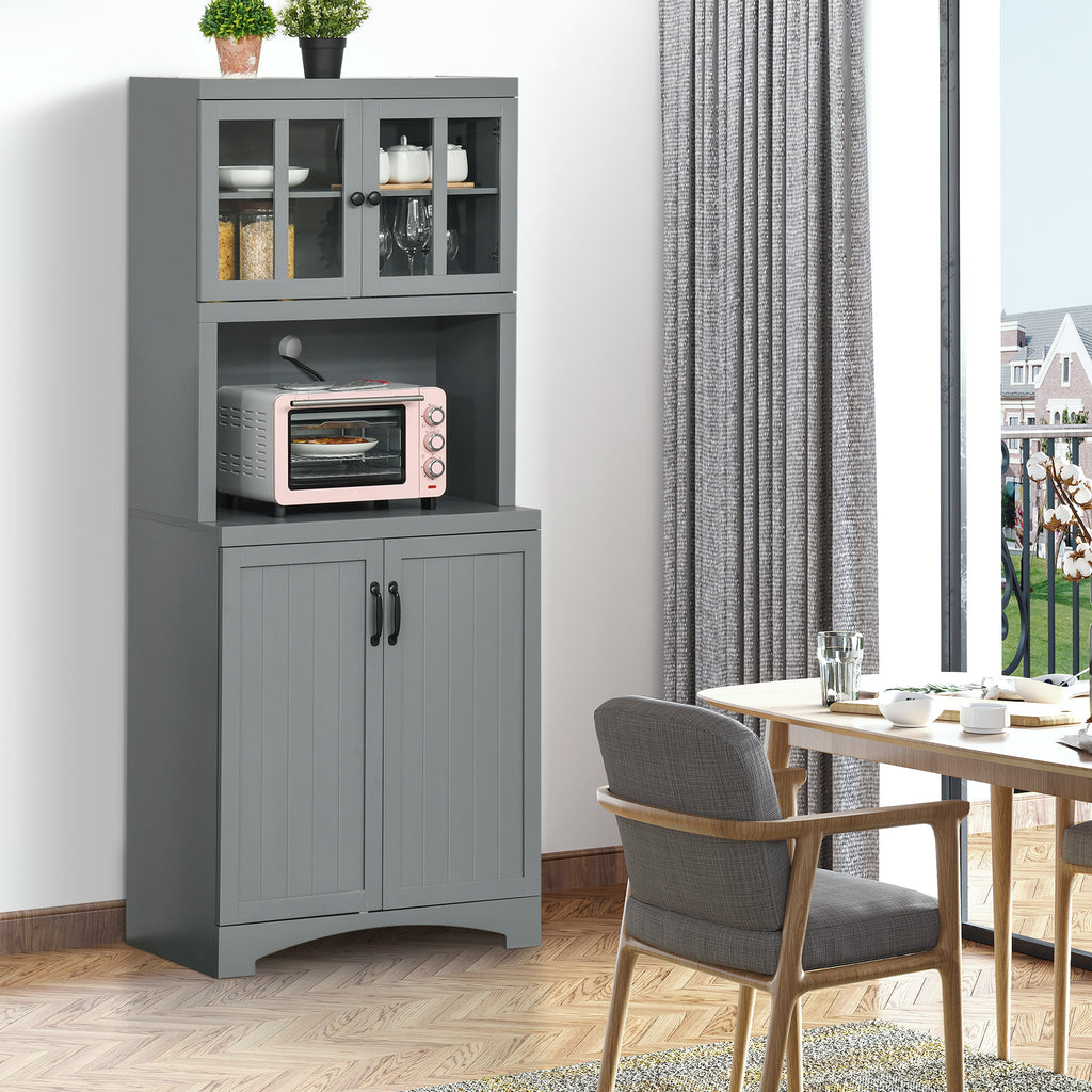 Storage Cabinet with Adjustable Shelves and Microwave Space, 70" Pantry Cabinet with Glass Framed Door, Gray