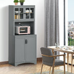 Storage Cabinet with Adjustable Shelves and Microwave Space, 70" Pantry Cabinet with Glass Framed Door, Gray