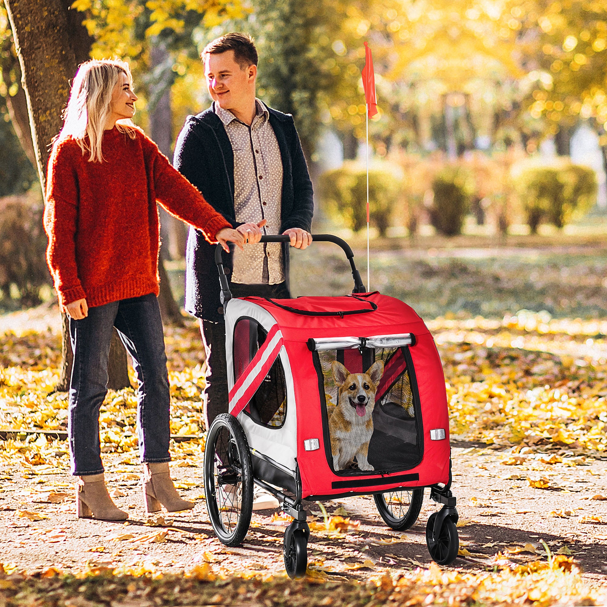 2-in-1 Pet Bike Trailer for Small Medium Dogs, Road-Visibility Dog Stroller Bicycle Carrier, Weather-Strong Bike Wagon Trailer Sidecar Attachment, Red
