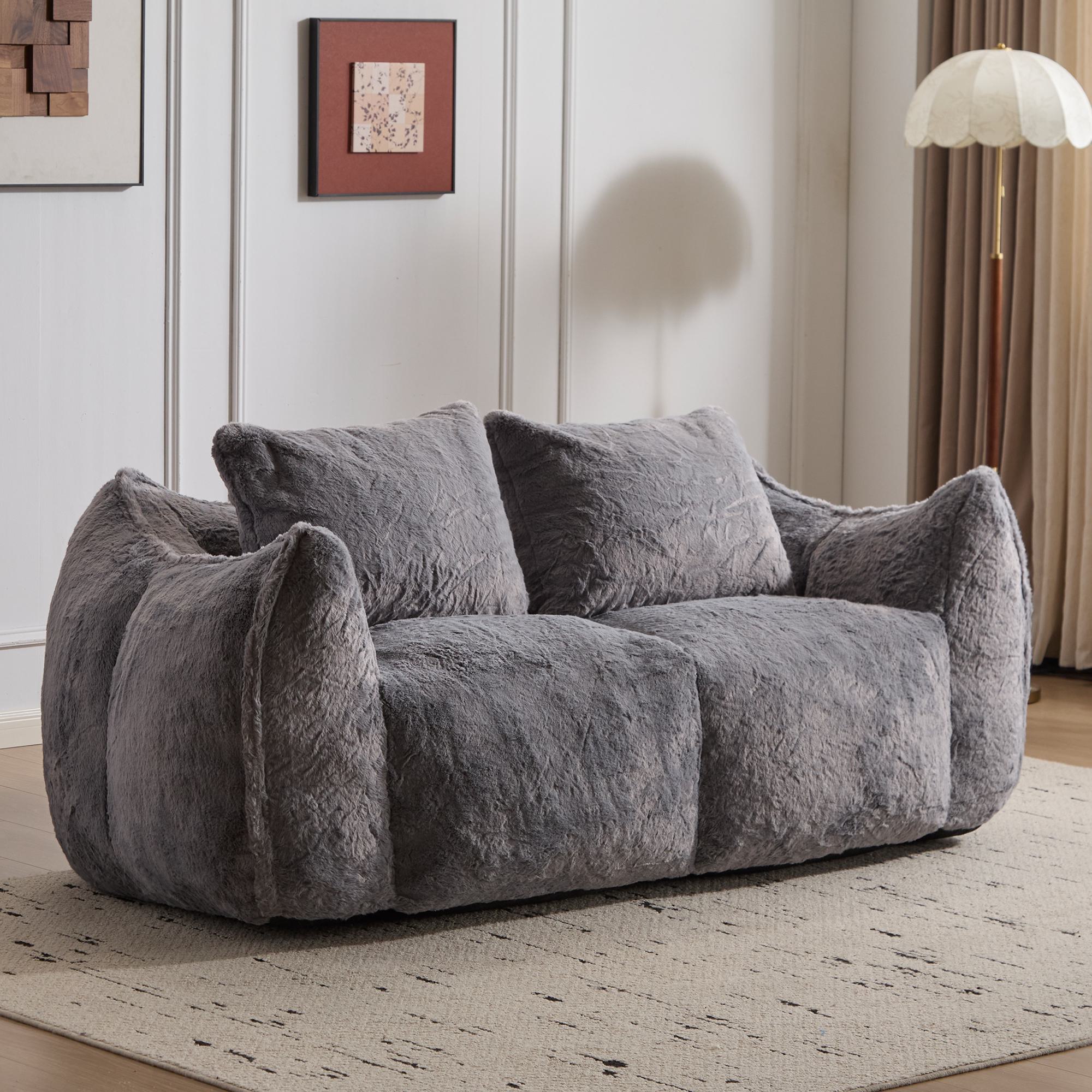 Bean Bag Sofa with High-Density Foam and Faux Fur Fabric, Compressed Sofa Oversized Fluffy Loveseat for Adults, 75" L x 42.5" W x 28.5" H, Grey