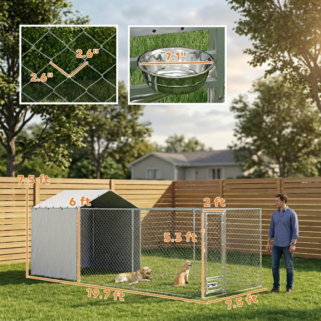 Galvanized Chain Link Large Outdoor Dog Kennel with Waterproof & UV-Resistant Cover, for M&L Dogs, 19.7' x 7.5' x 7.5'