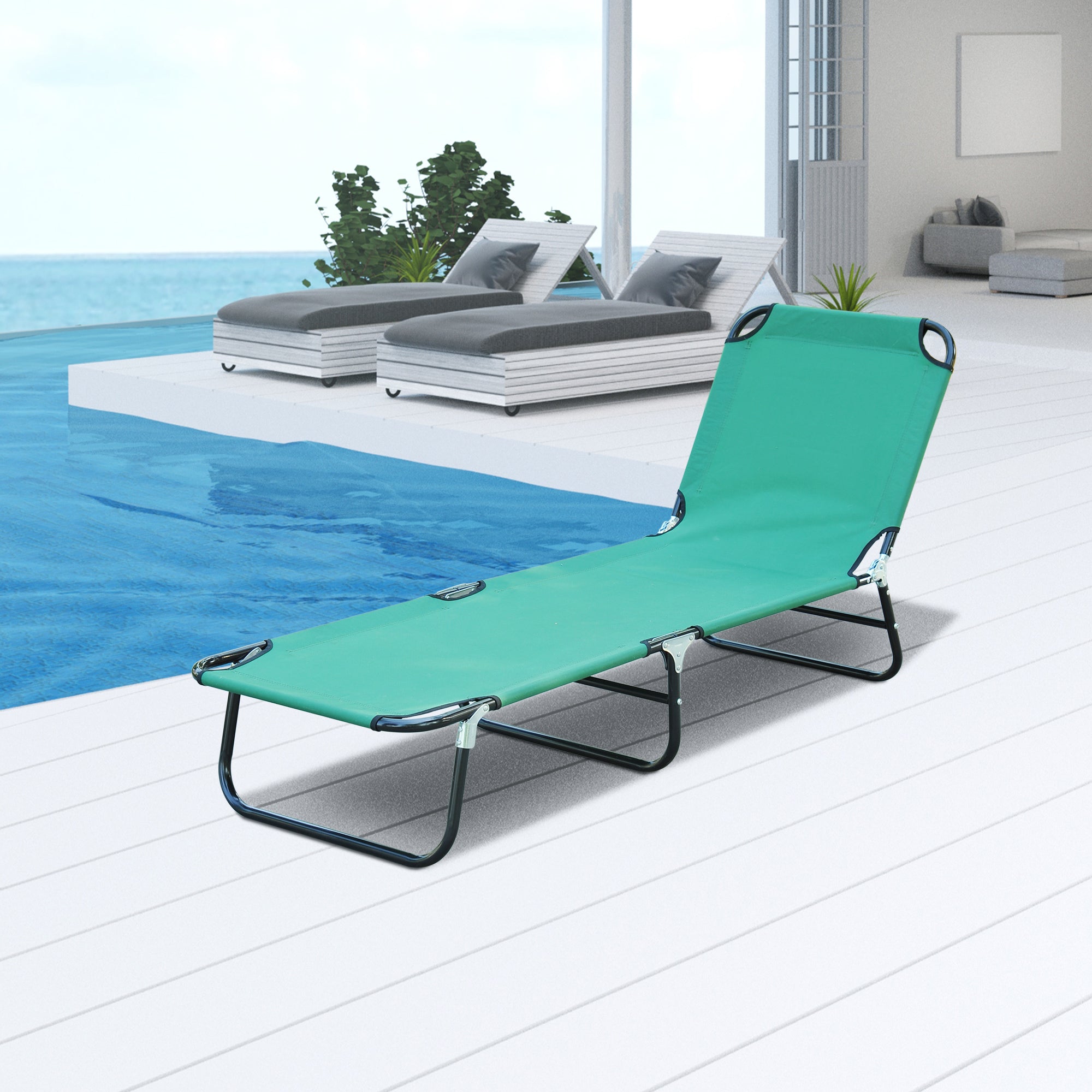 Folding Patio Lounge Chair, Outdoor Sun Tanning Chair, 5-level Adjustable Back, Chaise Pool Breathable Chair with Steel Frame, for Beach, Yard, Green