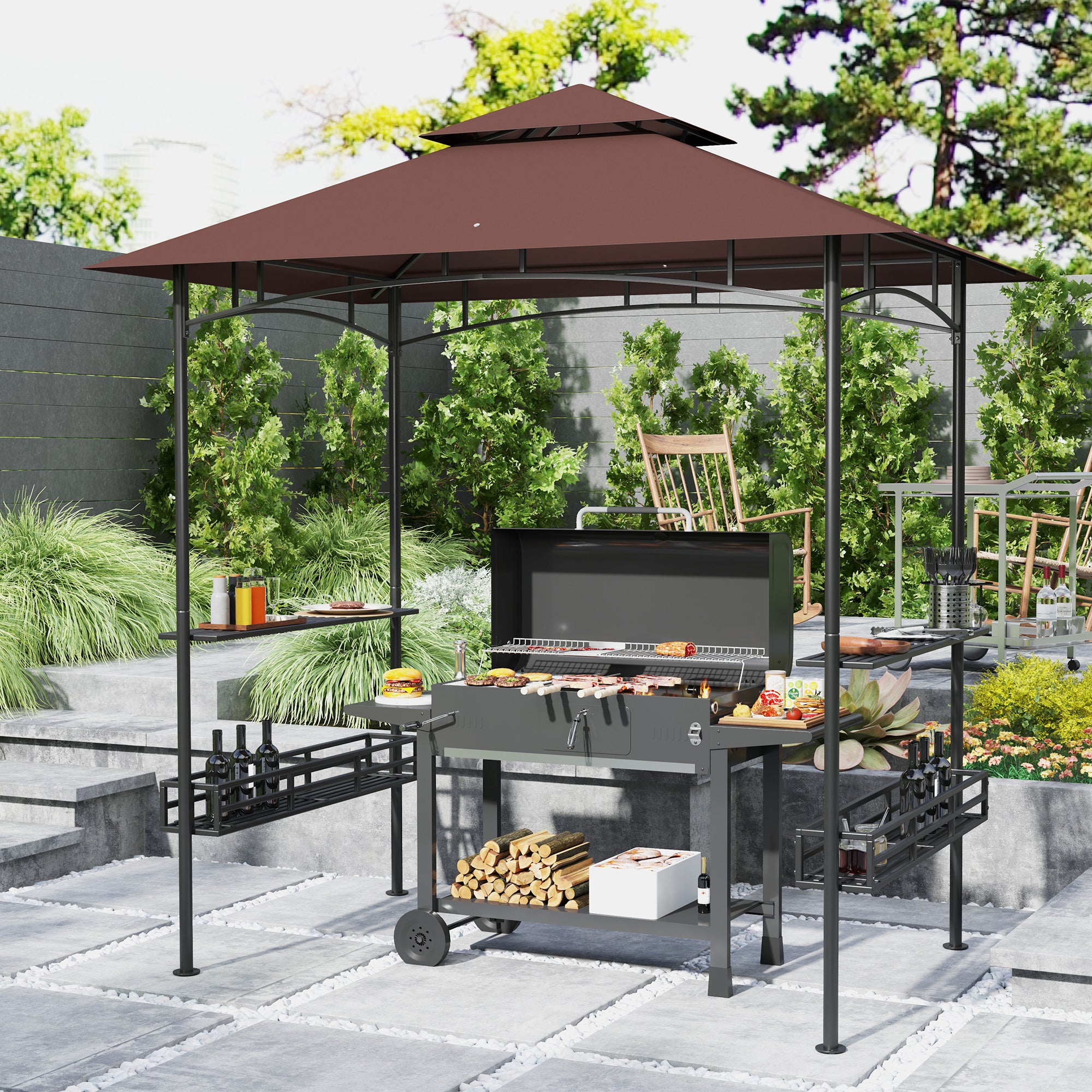 8' x 5' BBQ Grill Gazebo, 2-Tier Outdoor BBQ Gazebo with 2 Side Shelves, Storage Baskets, Ceiling Hook, Dark Brown