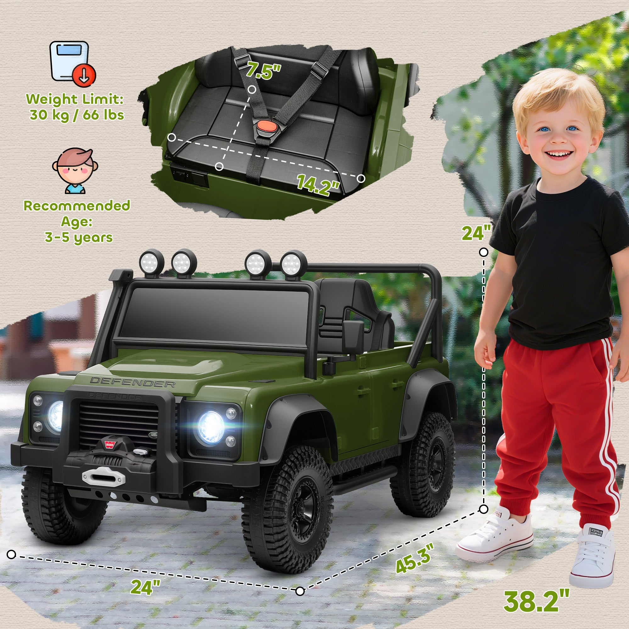 Licensed Electric Car for Kids with Remote Control, Dual Motors, Spring Suspension, LED Lights, Dark Green
