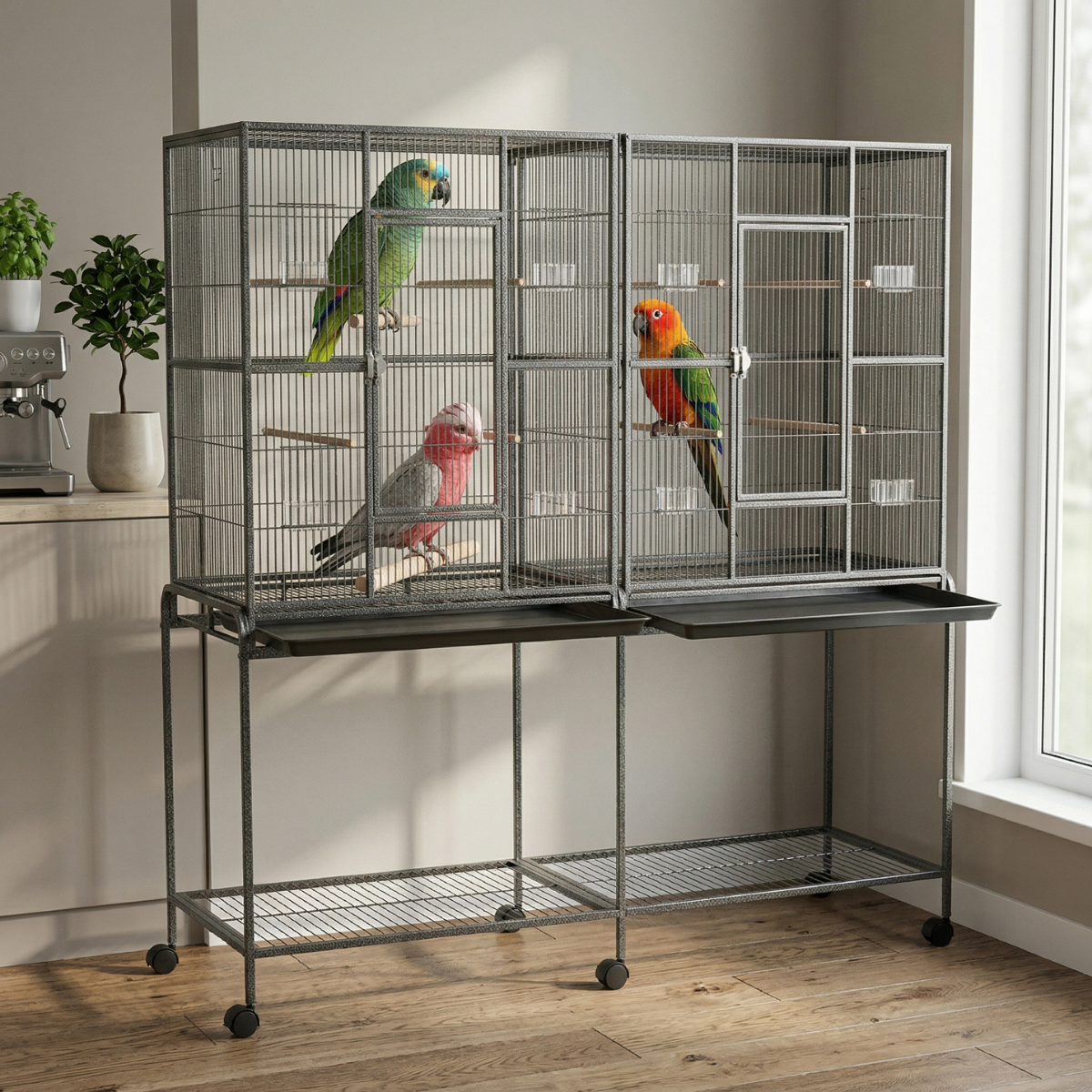 Rolling 65"L Bird Cage w/ Storage Shelf Wood Perch Food Container