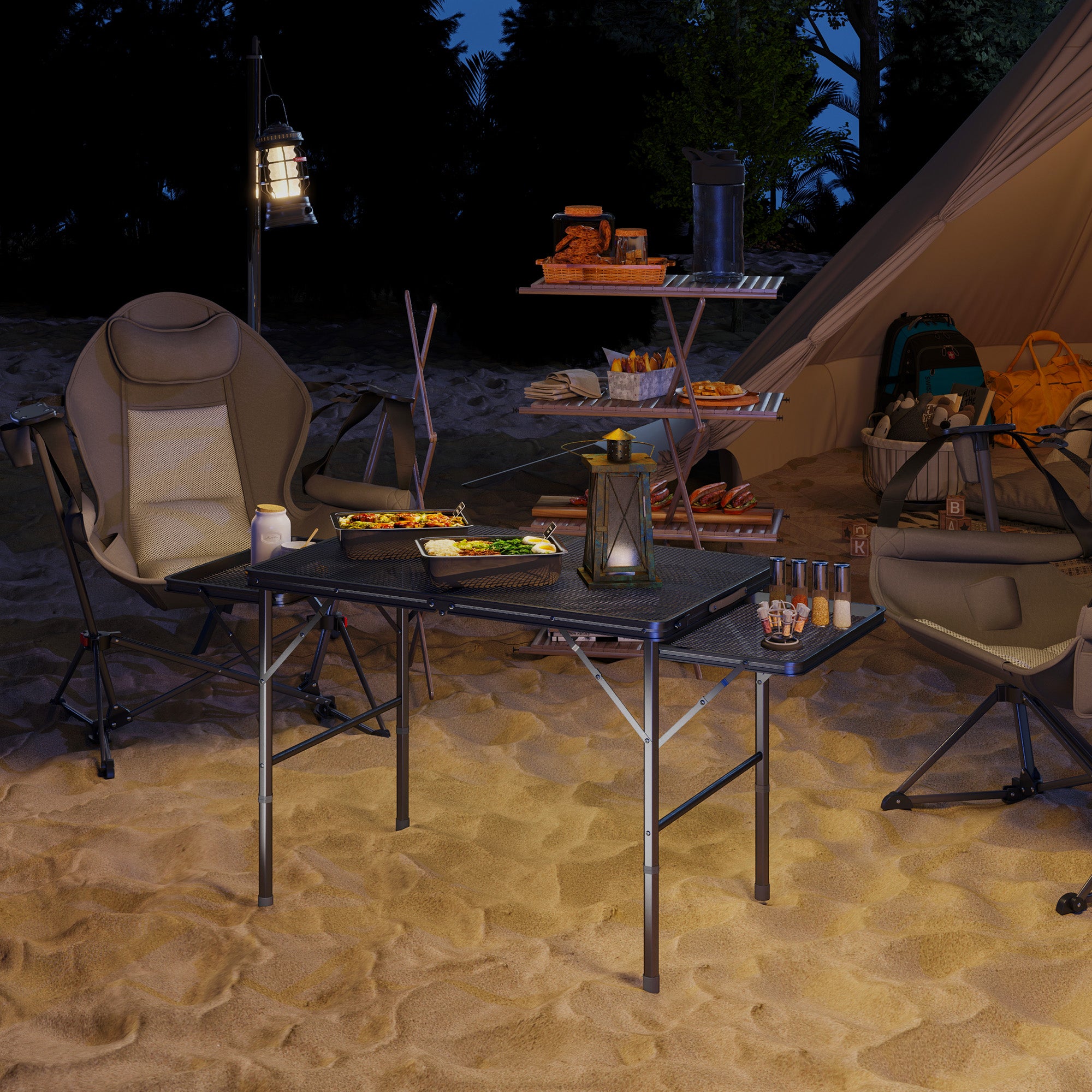 Folding Camping Table, 4.5ft Portable Table with 2 Wing Panels, Height Adjustable Metal Picnic Table