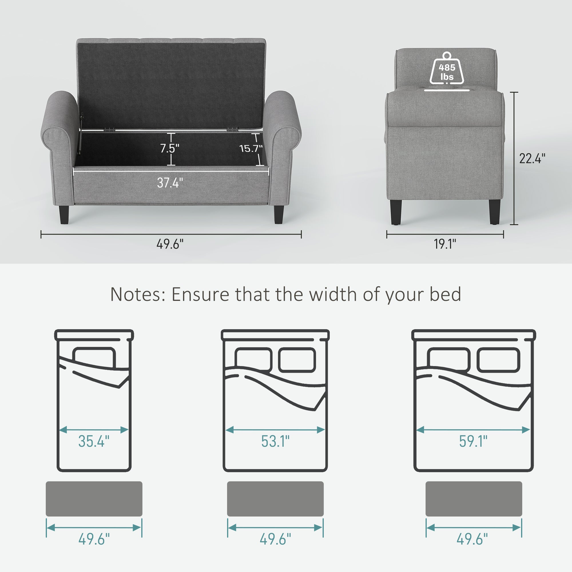 50 Inches Storage Ottoman, End of Bed Bench with Rolled Arms, Wood Legs, Button Tufted Storage Bench, Gray