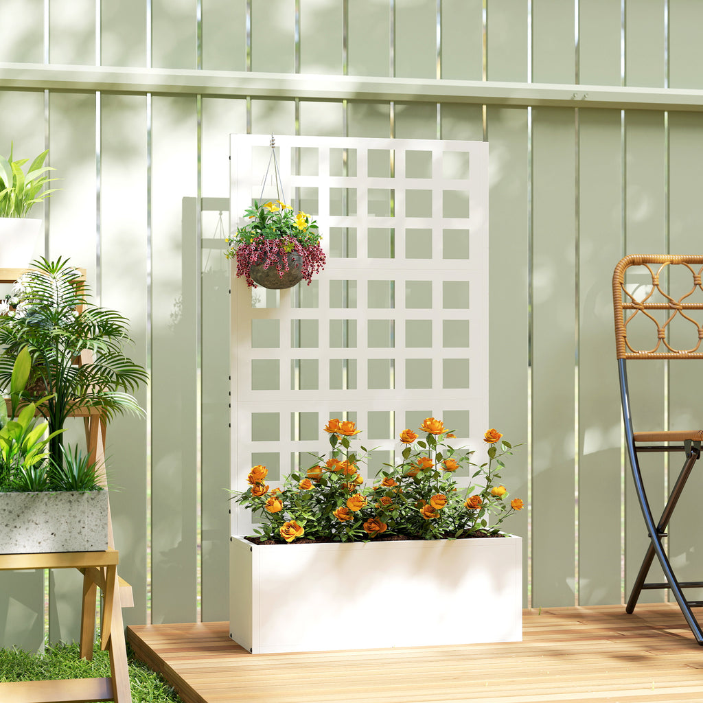 Galvanized Raised Garden Bed Planter Box with Trellis for Climbing Plants, Vegetable, Vines, 24" x 9" x 44.5", White
