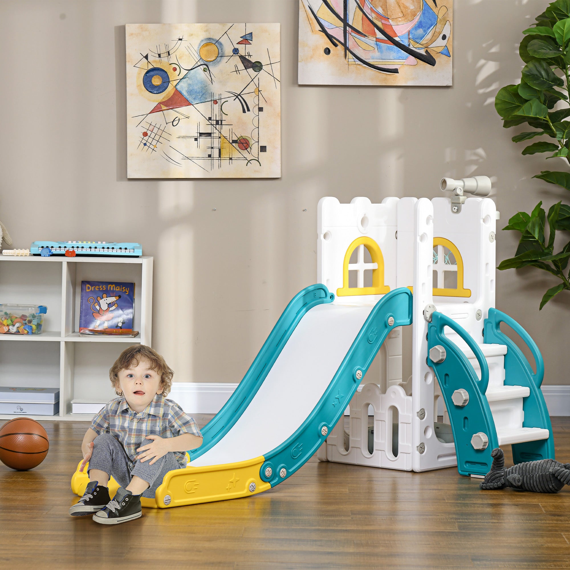 5 in 1 Toddler Slide with Basketball Hoop, Climber, Telescope & Storage Baskets for 1-3 Years Olds, Yellow