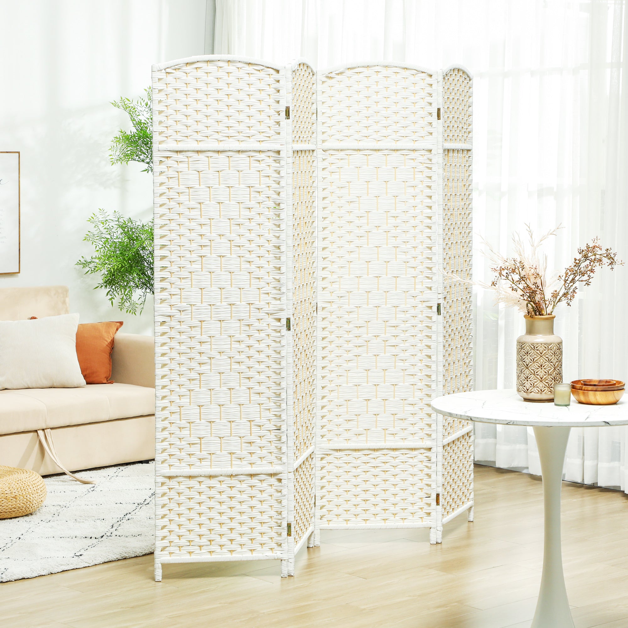Folding Room Divider Screen 4 Panel 6' Tall Privacy Screen Freestanding Wood Partition for Home Office, White