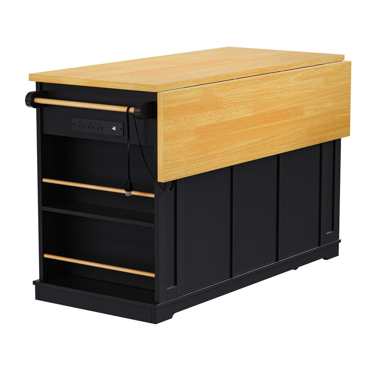 Kitchen Island with Internal Rack, Drop Leaf, Power Outlet, Rolling Cart with Adjustable Shelves and Drawers, 50" L x 29.5" W x 36.5" H, Black