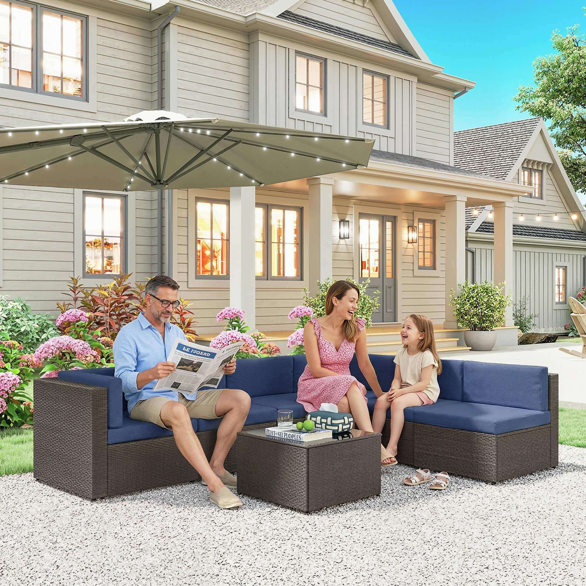 7 Piece Patio Furniture Set, All Weather PE Rattan Outdoor Furniture Conversation Sets with Glass Top Coffee Table